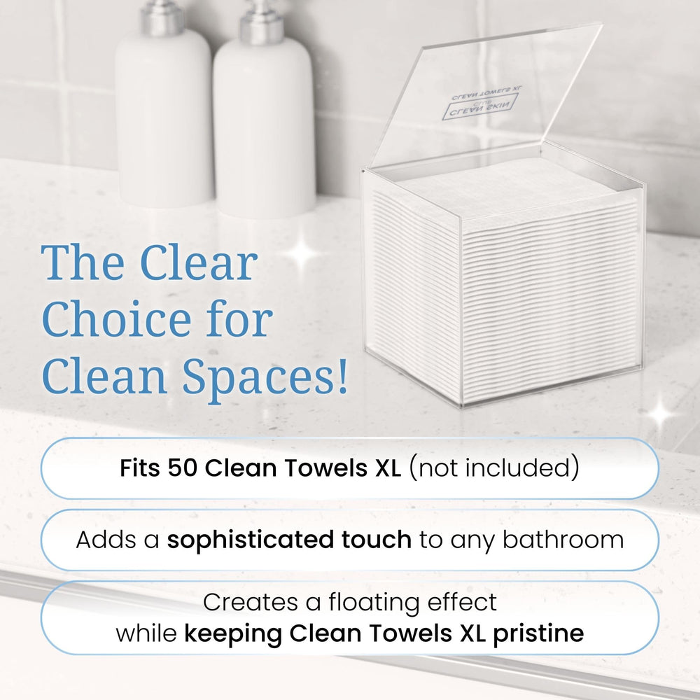 CLEAN SKIN CLUB clear acrylic box with face towelettes for easy bedside access.