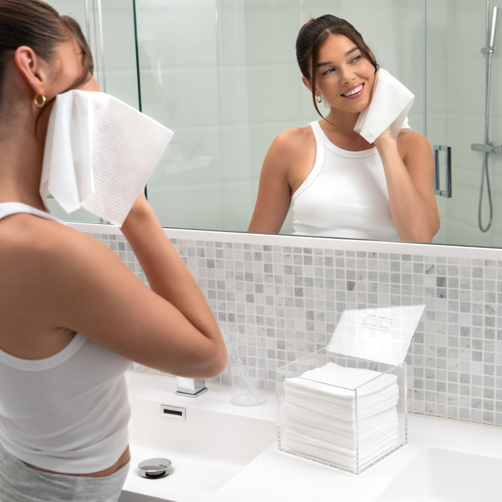 CLEAN SKIN CLUB water-resistant acrylic box with easy-clean surface.