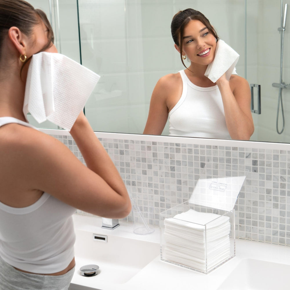 CLEAN SKIN CLUB water-resistant acrylic box with easy-clean surface.