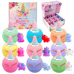 Clear and Fresh unicorn bath bombs with squishy toy inside for playful bath time
