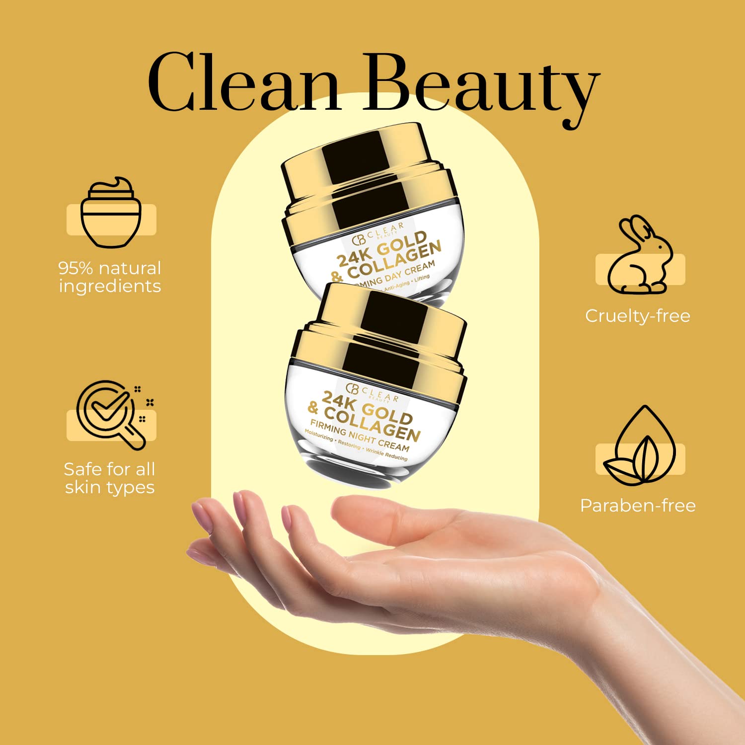 Clear Beauty brillo suave en la piel con 24K oro y colágeno.