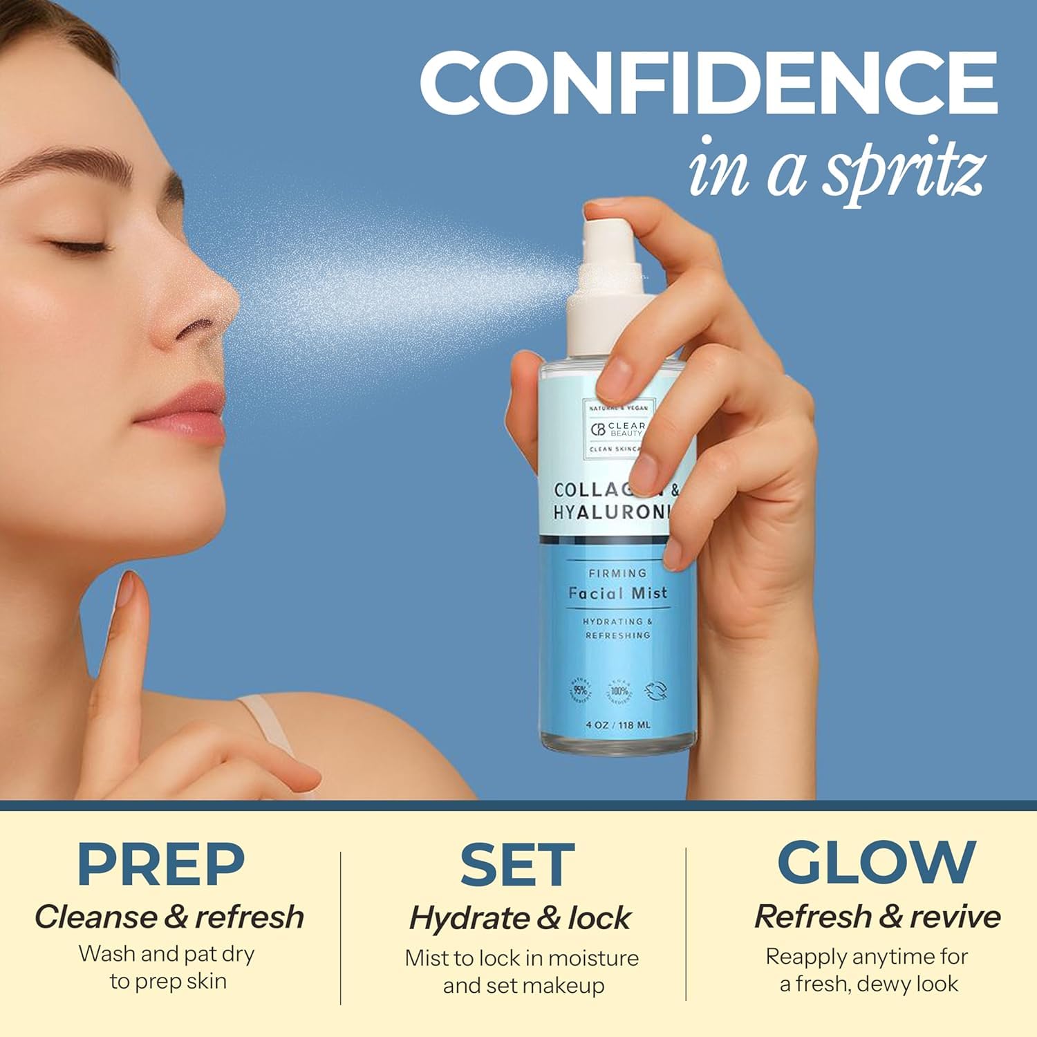 Clear Beauty aplicación suave en cara y cuello para revitalizar la apariencia.