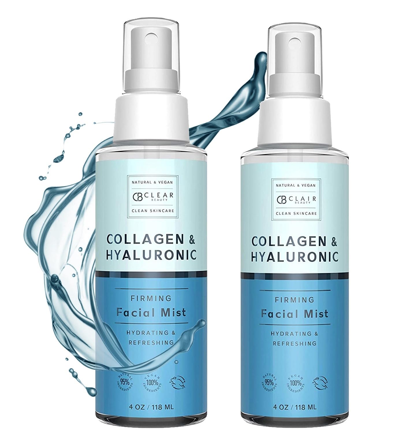 Clear Beauty niebla facial con ácido hialurónico y colágeno para hidratación inmediata.