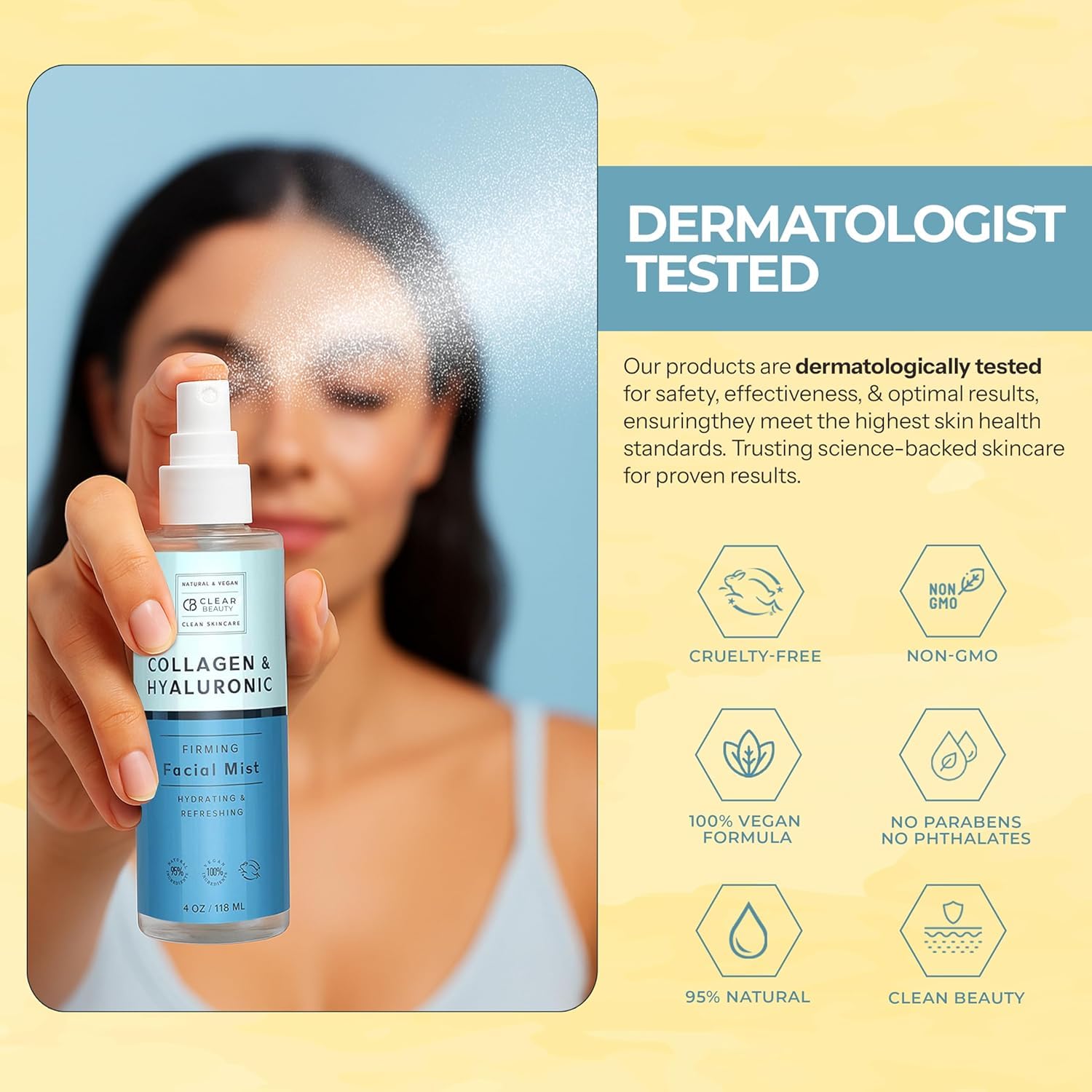 Clear Beauty fórmula premium con ingredientes naturales para rociar y refrescar.