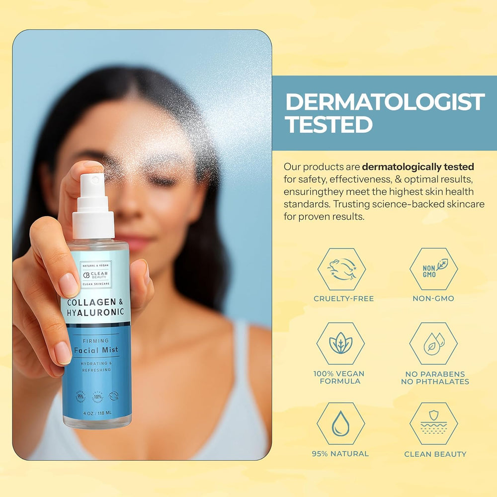 Clear Beauty fórmula premium con ingredientes naturales para rociar y refrescar.