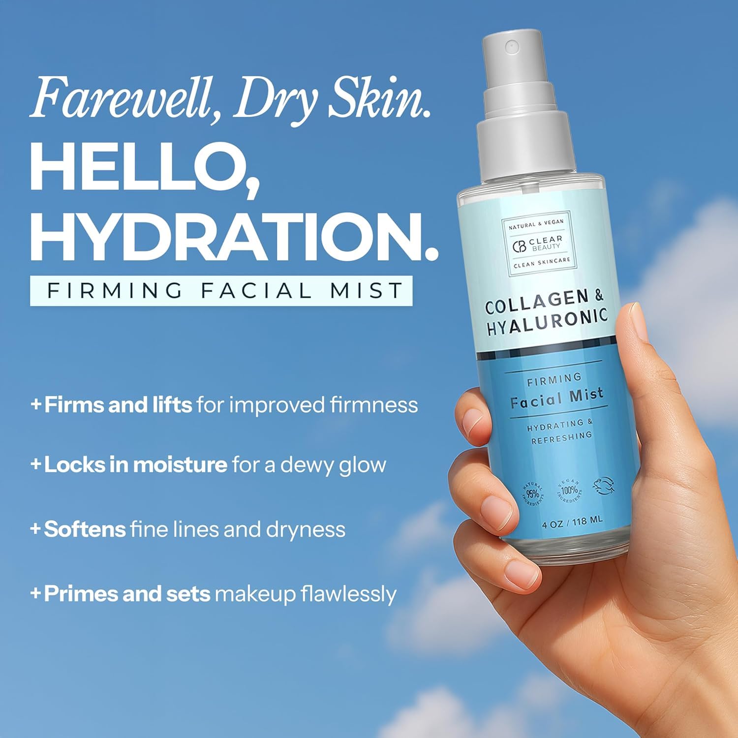 Clear Beauty rociador facial para uso diario, absorción rápida y piel tersa.