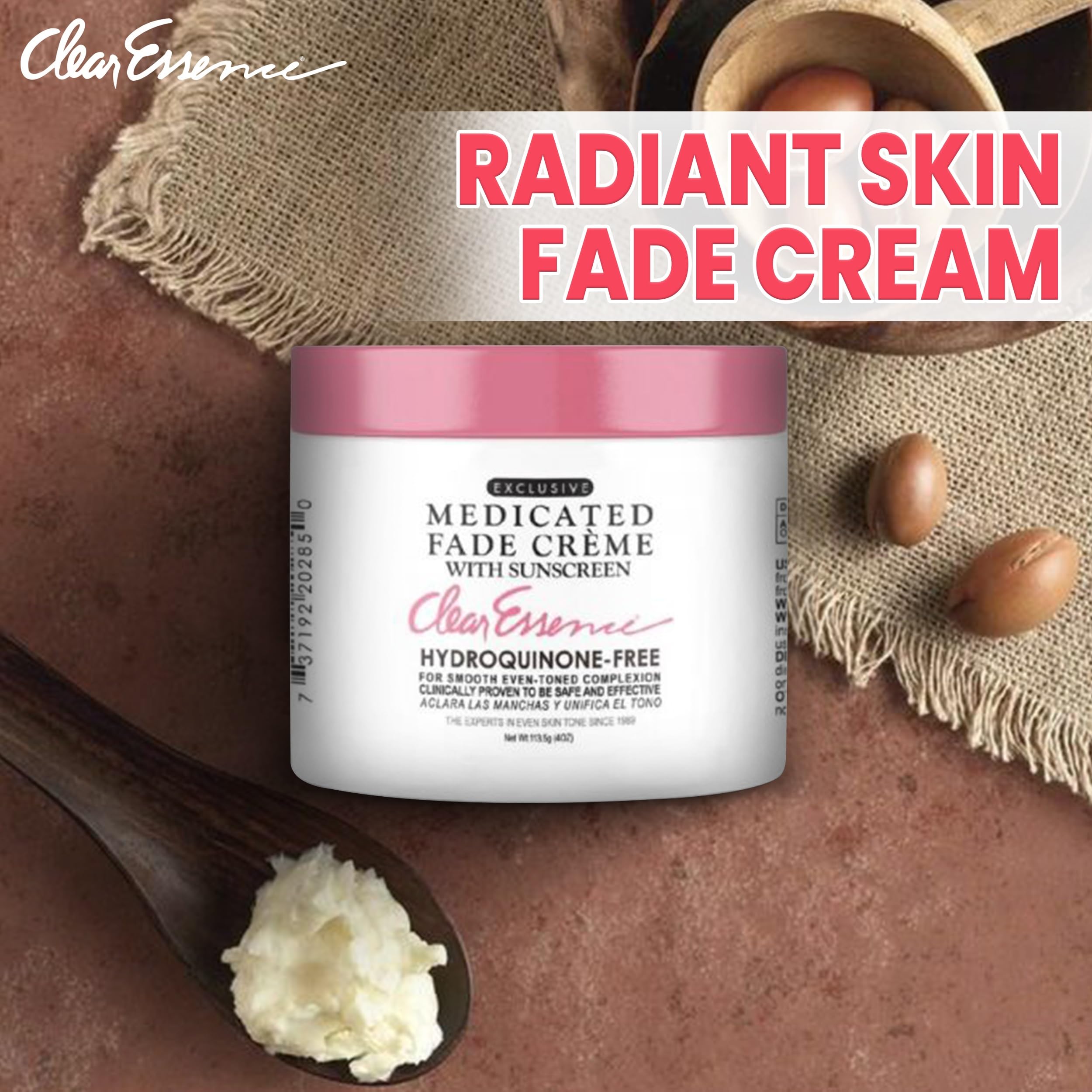 Clear Essence Fade Creme presentación de 4 oz para cuidado continuo.