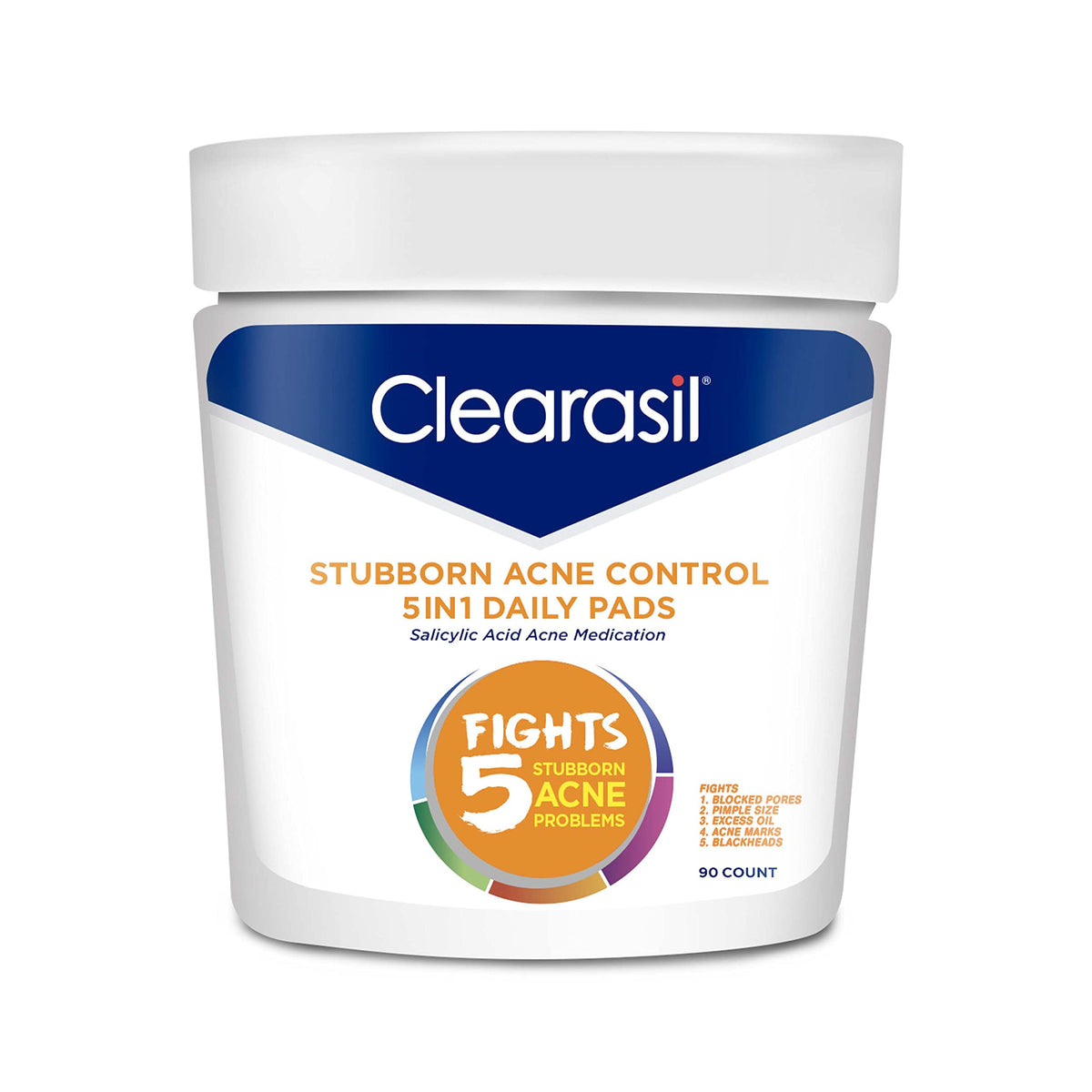 Clearasil Stubborn Acne 5in1 pads pack shot for daily cleansing and oil control.