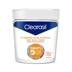Clearasil Stubborn Acne 5in1 pads pack shot for daily cleansing and oil control.