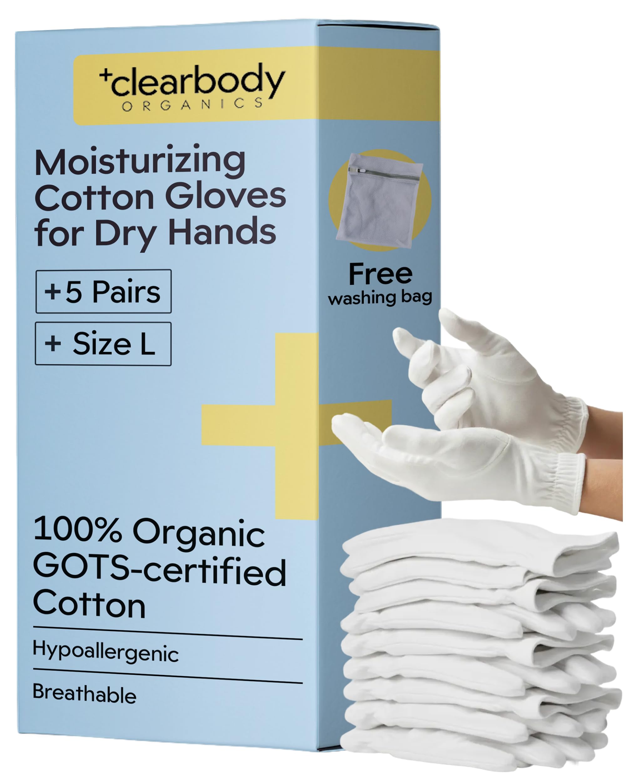 Clearbody Organics overnight gloves pack laid out for dry hand care.