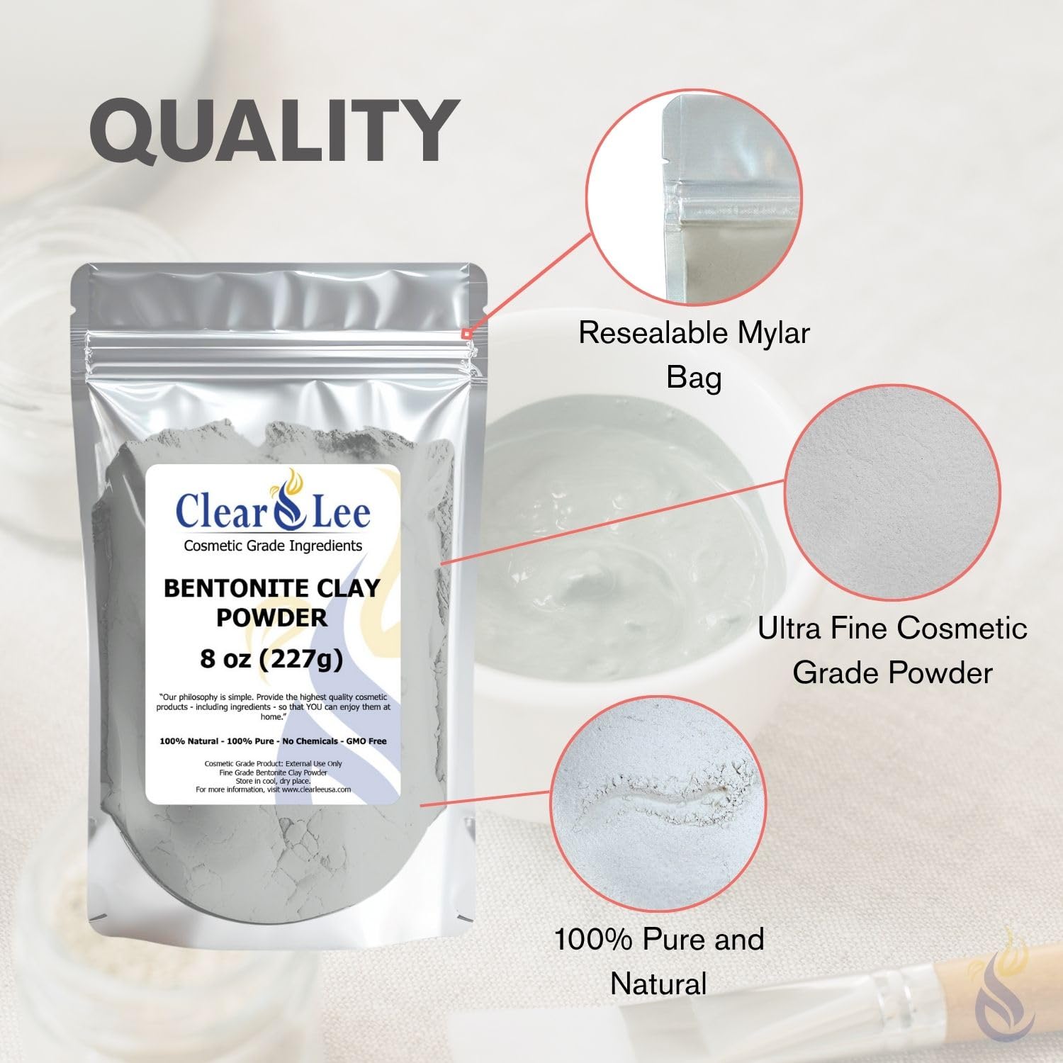 Envase mylar resellable de ClearLee Bentonite para conservación
