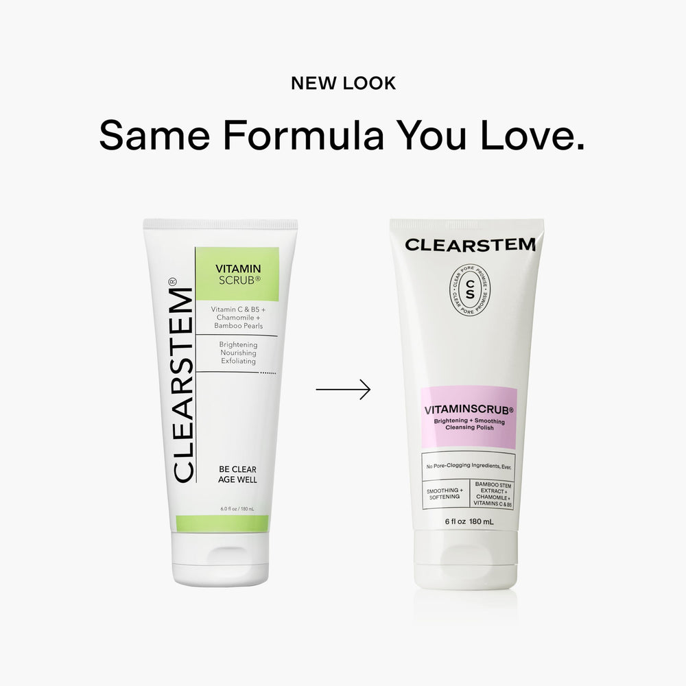 CLEARSTEM VitaminScrub bamboo particles polish skin for smoother texture.