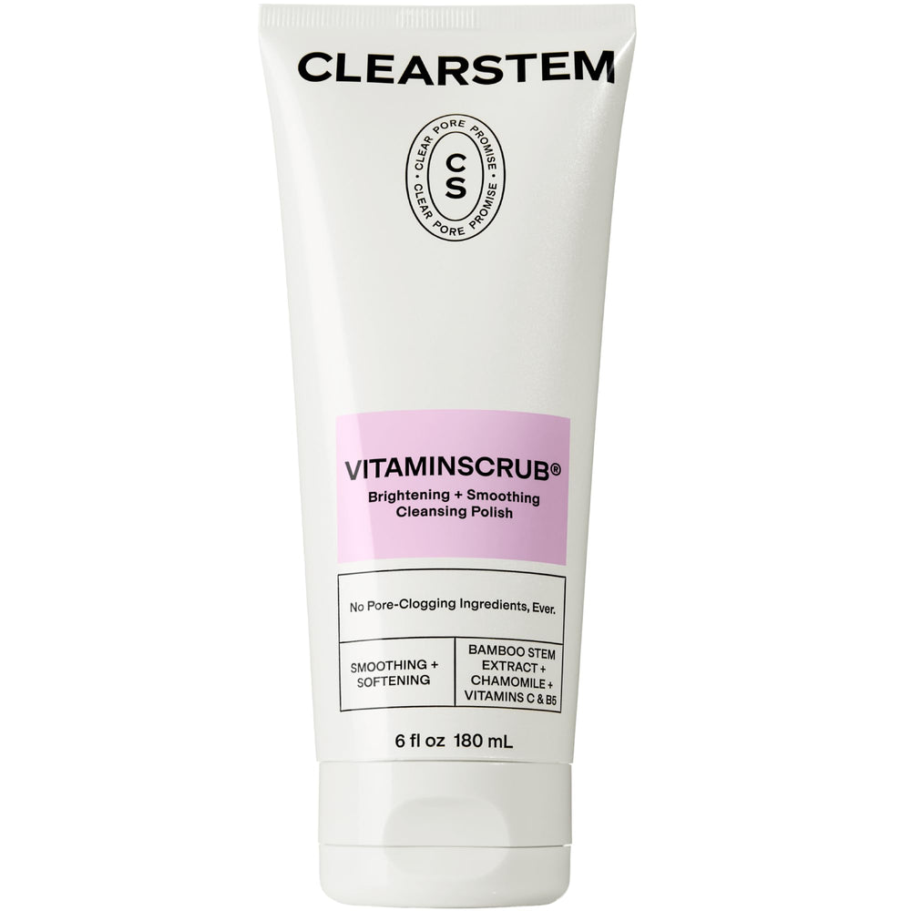 CLEARSTEM VitaminScrub bottle front showing antioxidant exfoliating cleanser for radiant skin.