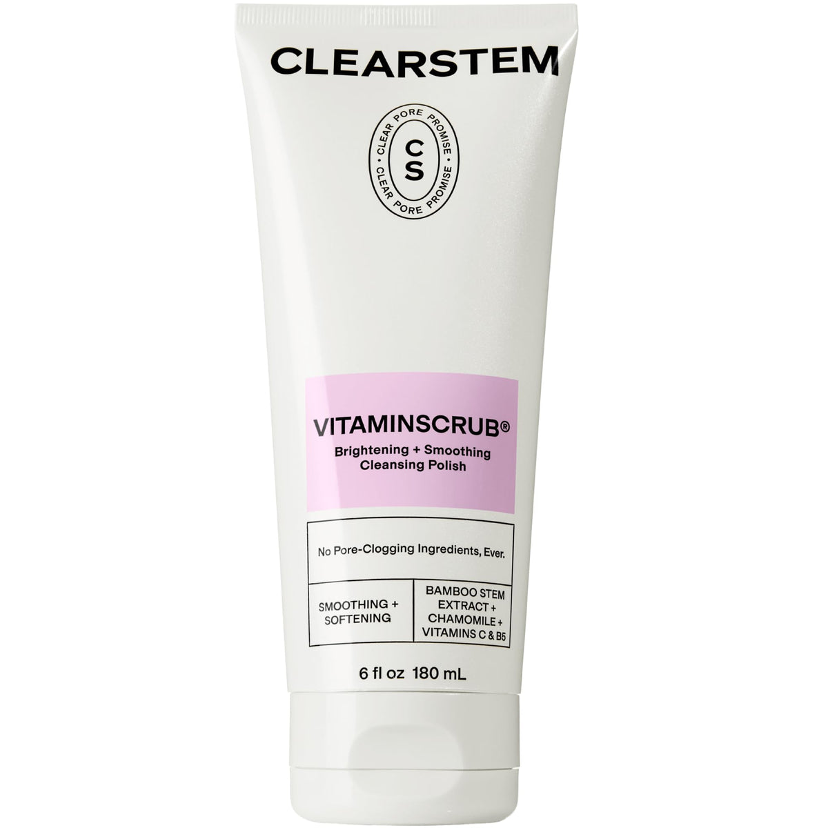 CLEARSTEM VitaminScrub bottle front showing antioxidant exfoliating cleanser for radiant skin.