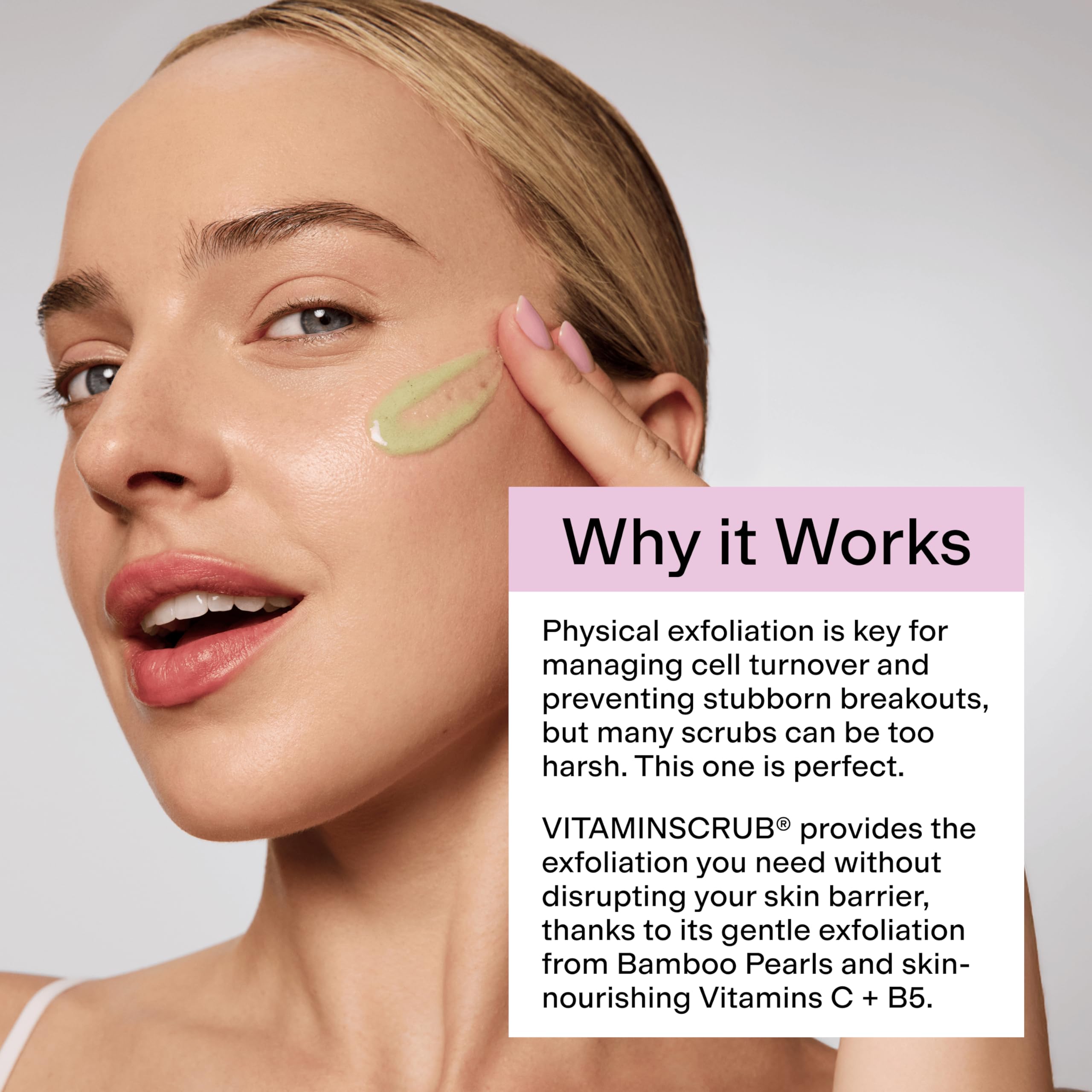 CLEARSTEM VitaminScrub Vitamin C brightening action on skin.