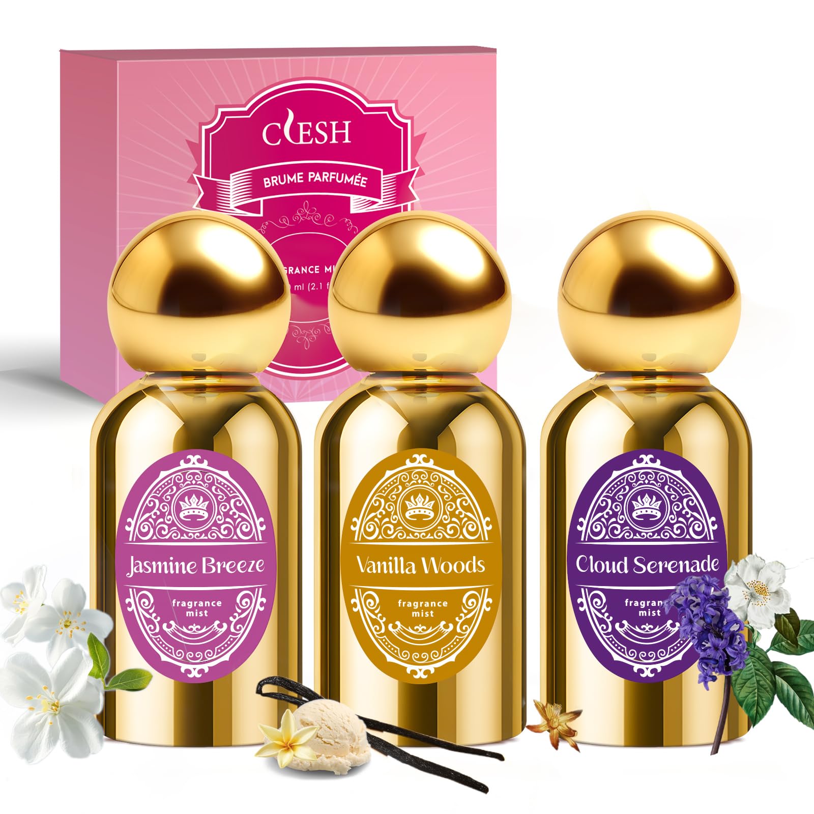 CLESH Vanilla Woods bottle-front offers a soothing, long-lasting scent for daily freshness.