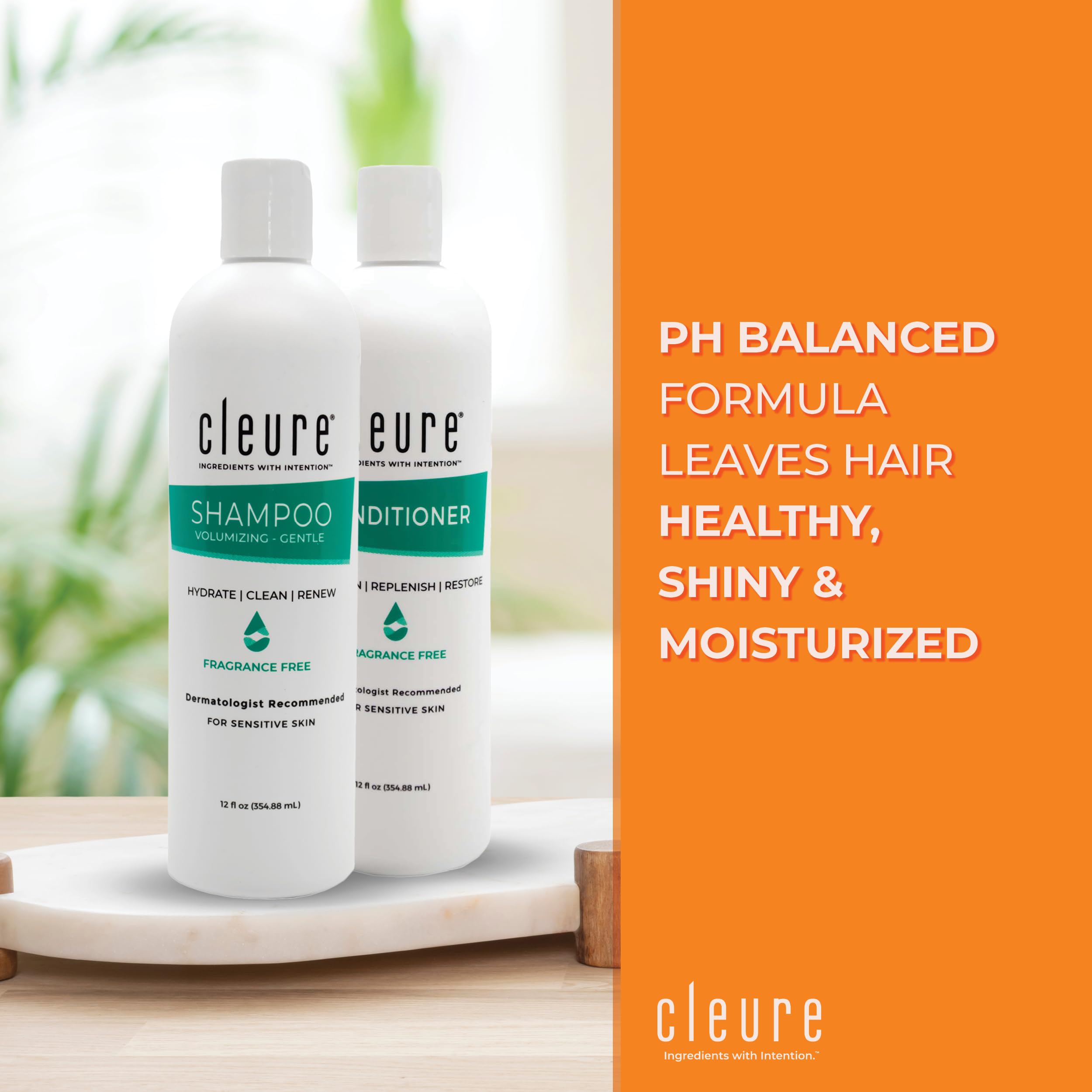 Cleure conditioner bottle front view, fragrance-free hydration for dry hair.