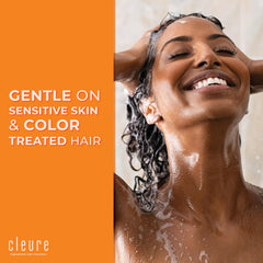 Cleure conditioner label close-up, hydrating formula for all hair types.
