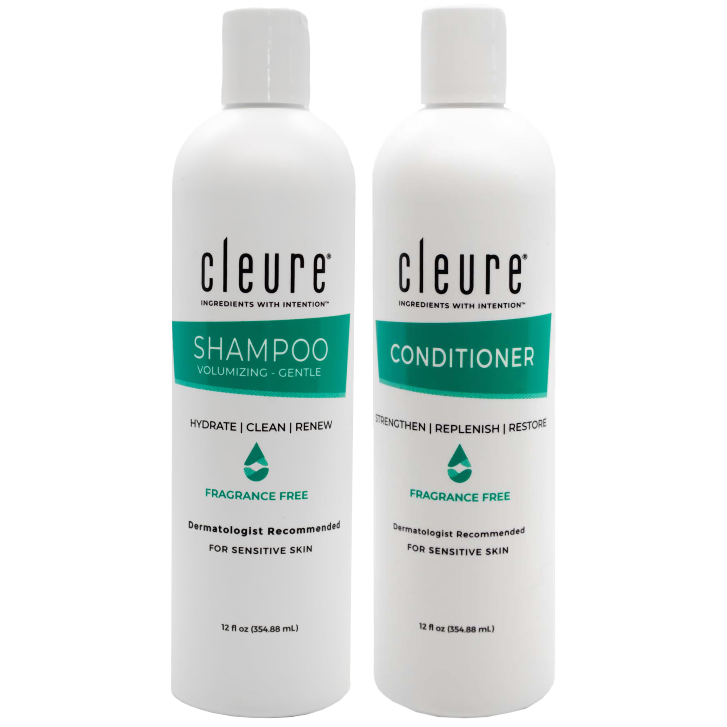 Cleure shampoo bottle front view, sulfate-free formula for sensitive skin.
