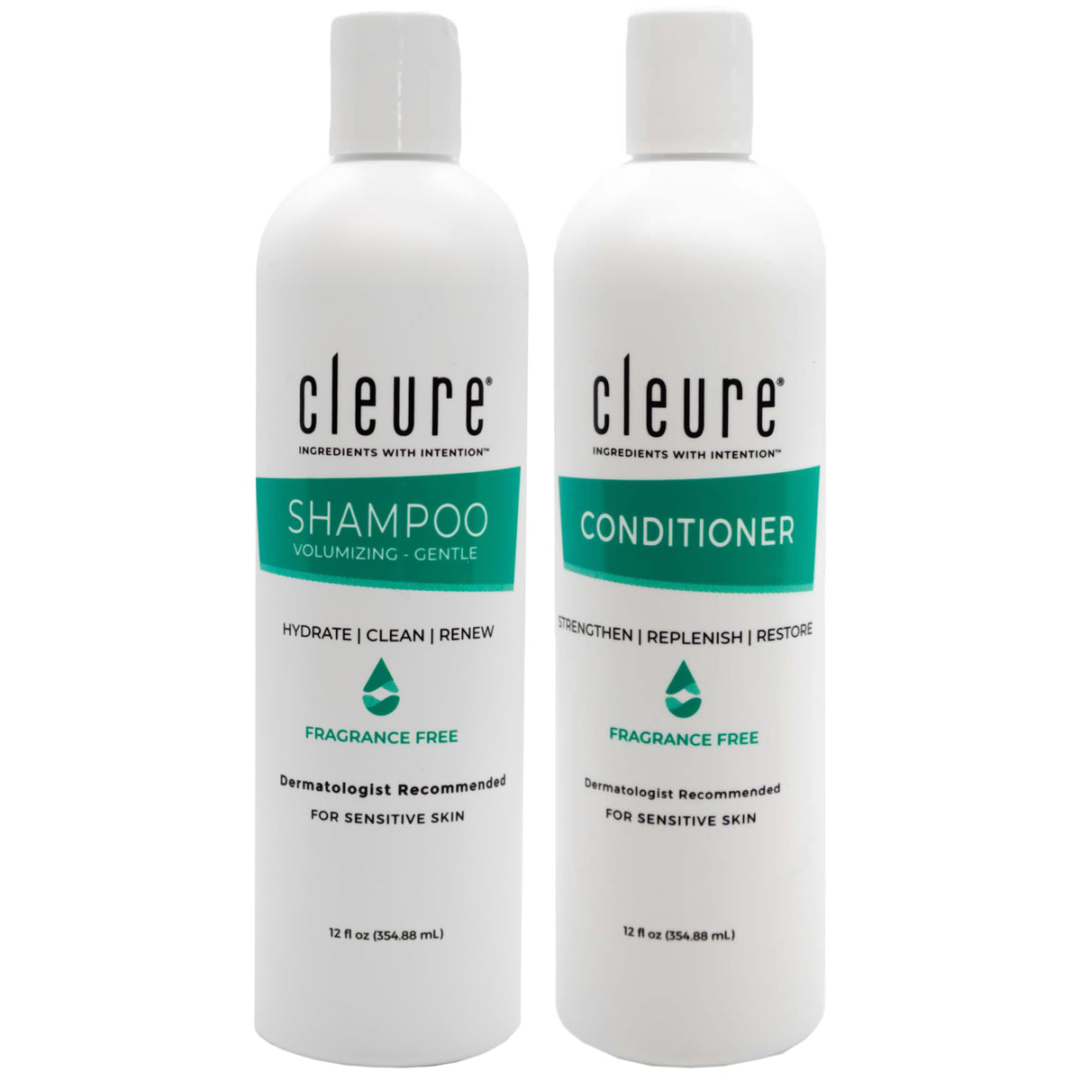 Cleure shampoo bottle front view, sulfate-free formula for sensitive skin.