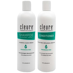 Cleure shampoo bottle front view, sulfate-free formula for sensitive skin.
