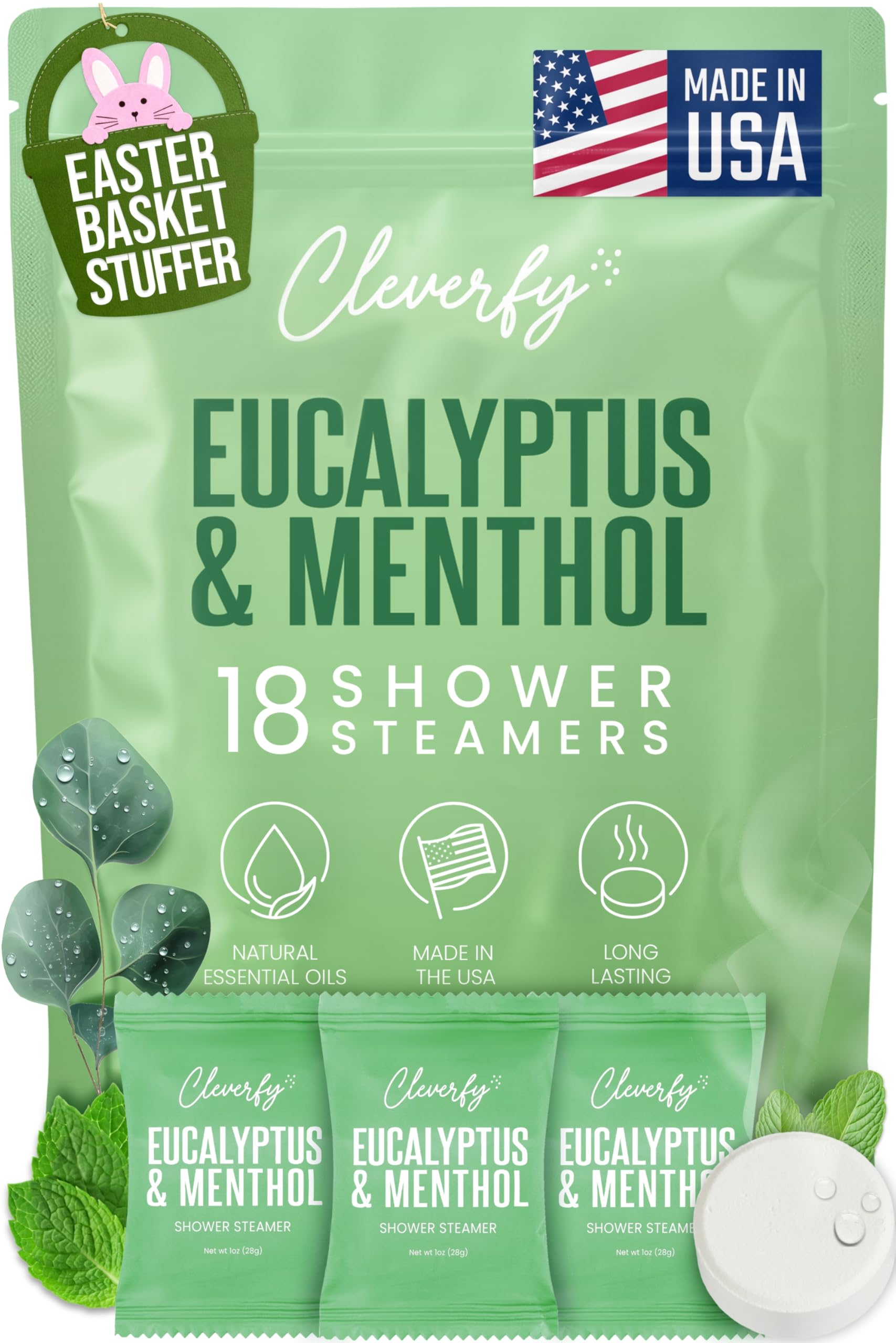 CLEVERFY Eucalyptus Shower Steamer packaging highlights premium, USA-made aromatherapy