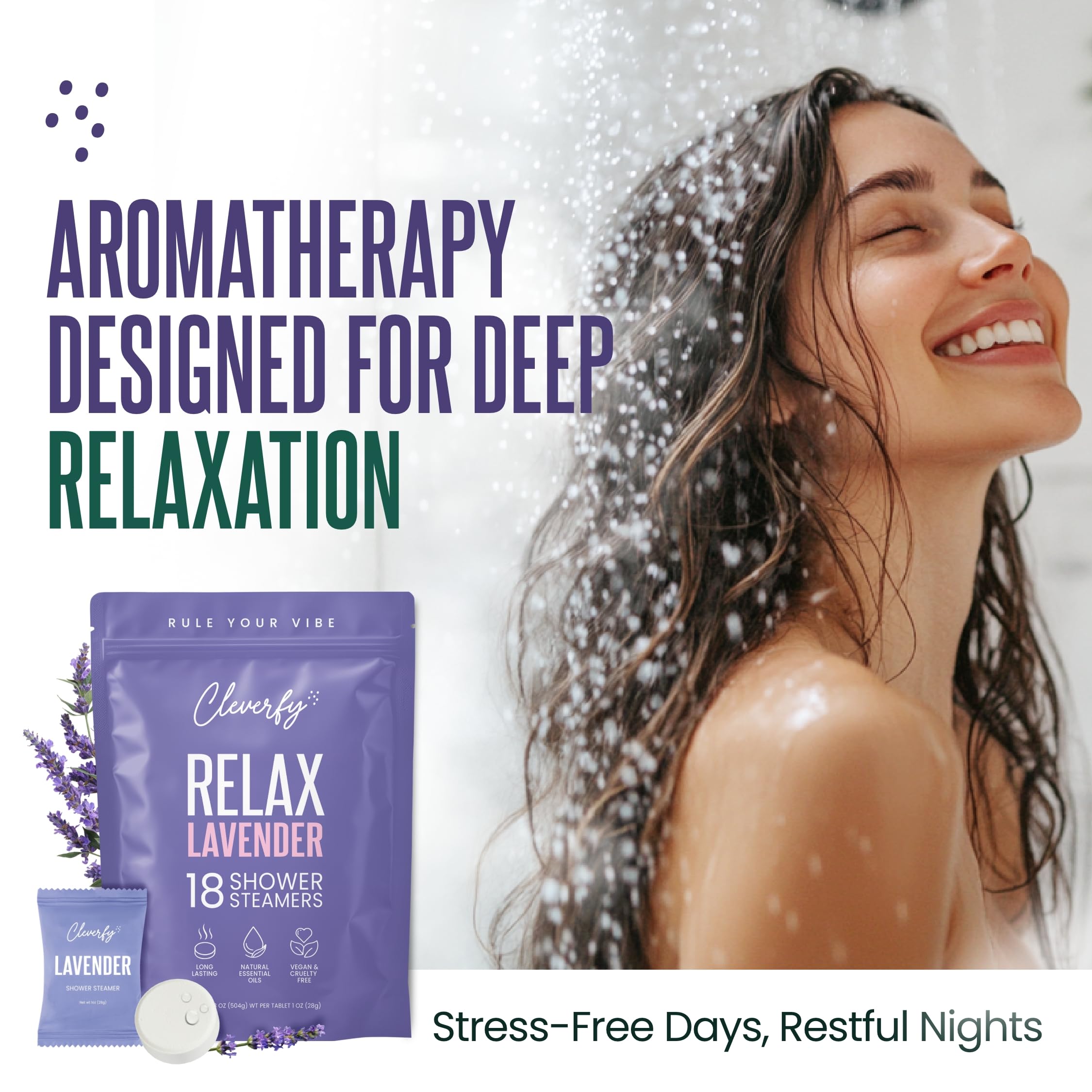 In-bathroom scene with CLEVERFY steamer dispersing lavender fragrance.