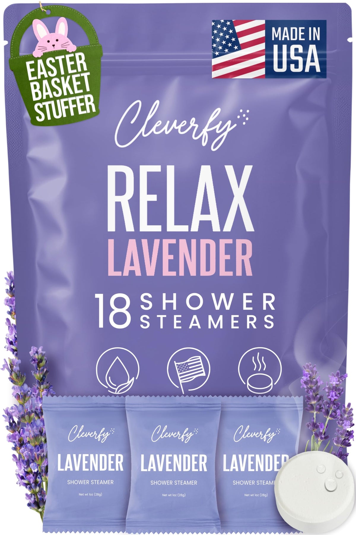 CLEVERFY lavender shower steamers packaging shows 18 tablets, ideal Easter gift.