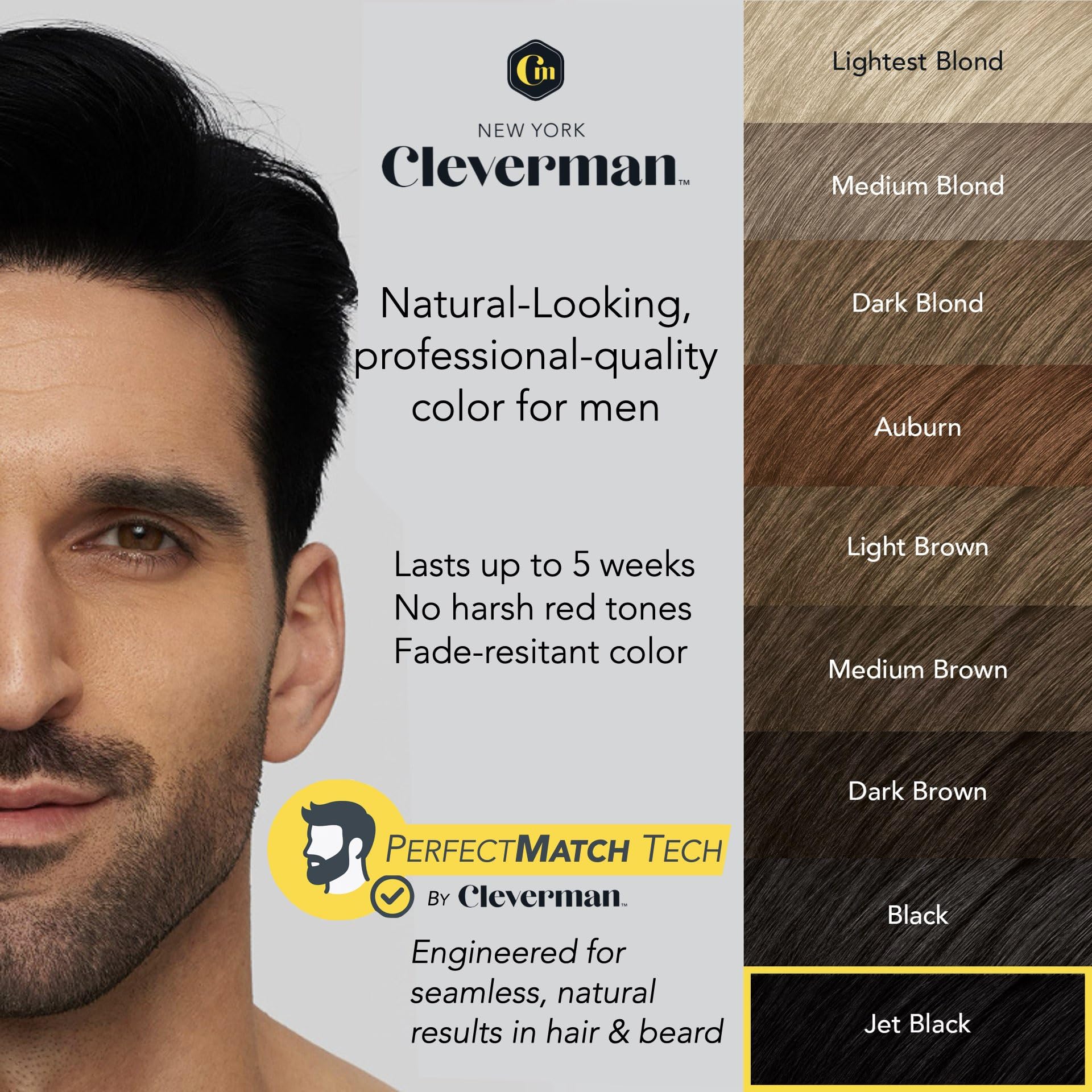 Cleverman jet-black all-in-one color kit supports beard and hair touch-ups.