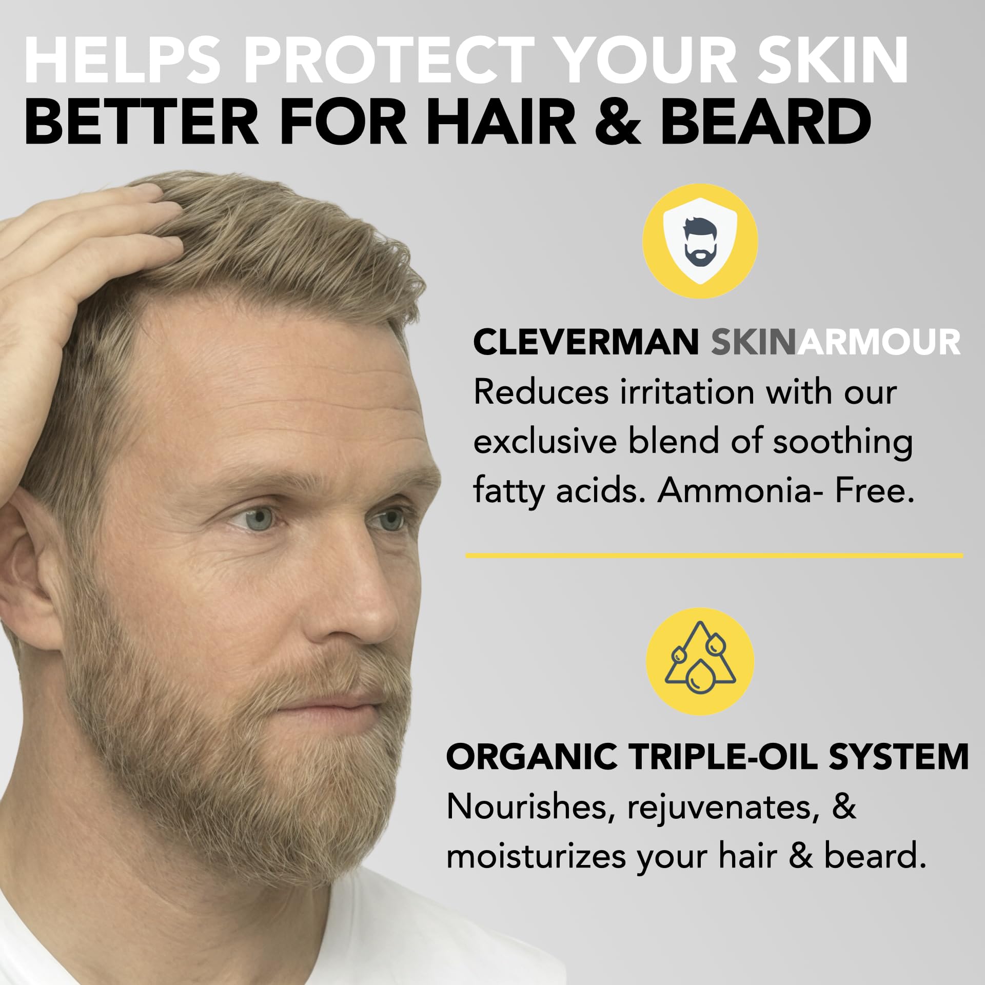 CLEVERMAN vegan ammonia-free formula bottle highlighting gentle, skin-friendly dye.