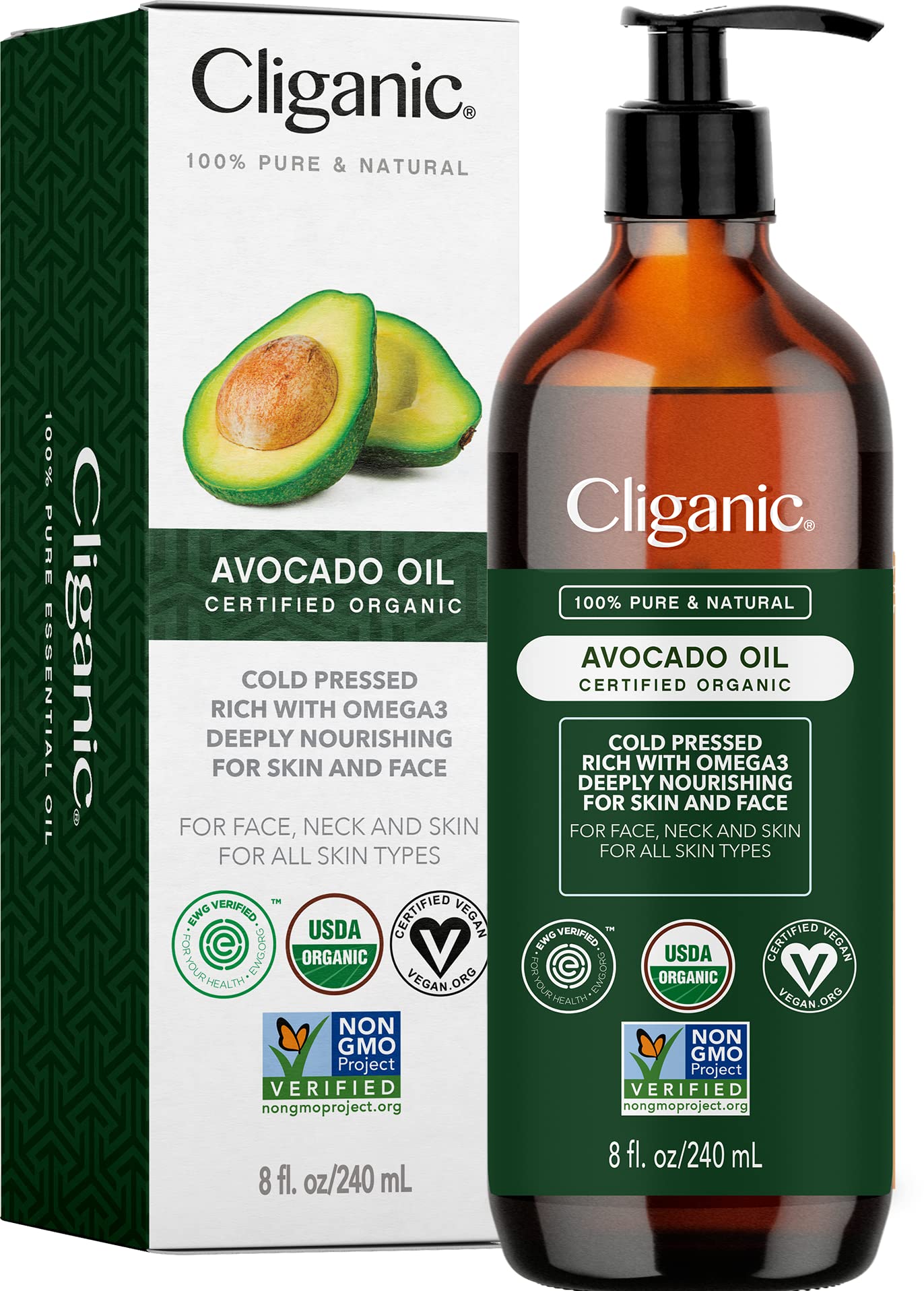 Cliganic Aceite de Aguacate Orgánico en botella: cuidado suave para piel y cabello.