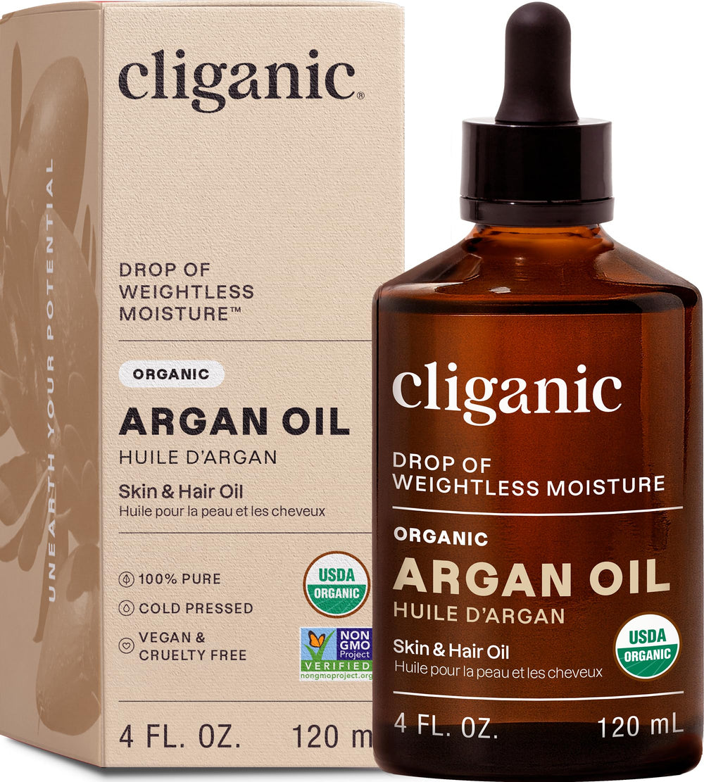 Cliganic Aceite de Argán, botella derramando, hidratación natural para cabello y piel