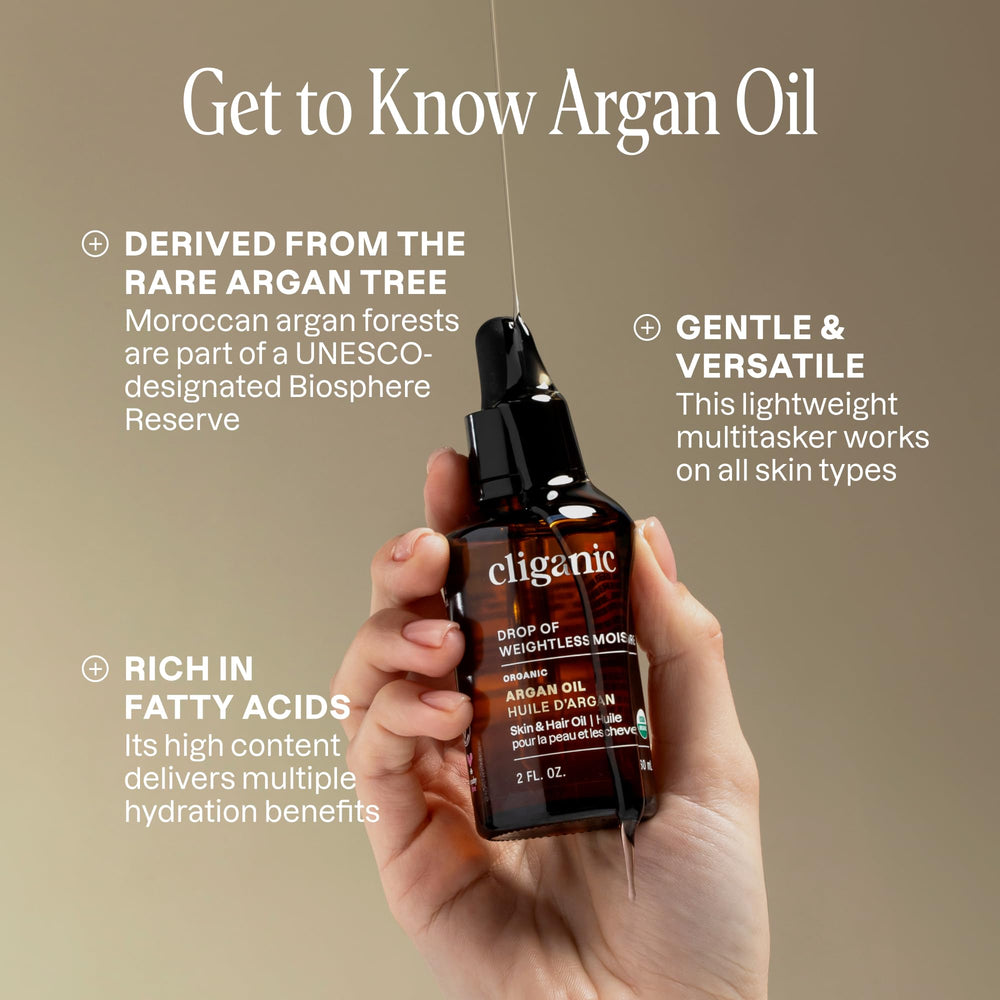 Cliganic Aceite de Argán Orgánico aplicándose en el cabello para brillo
