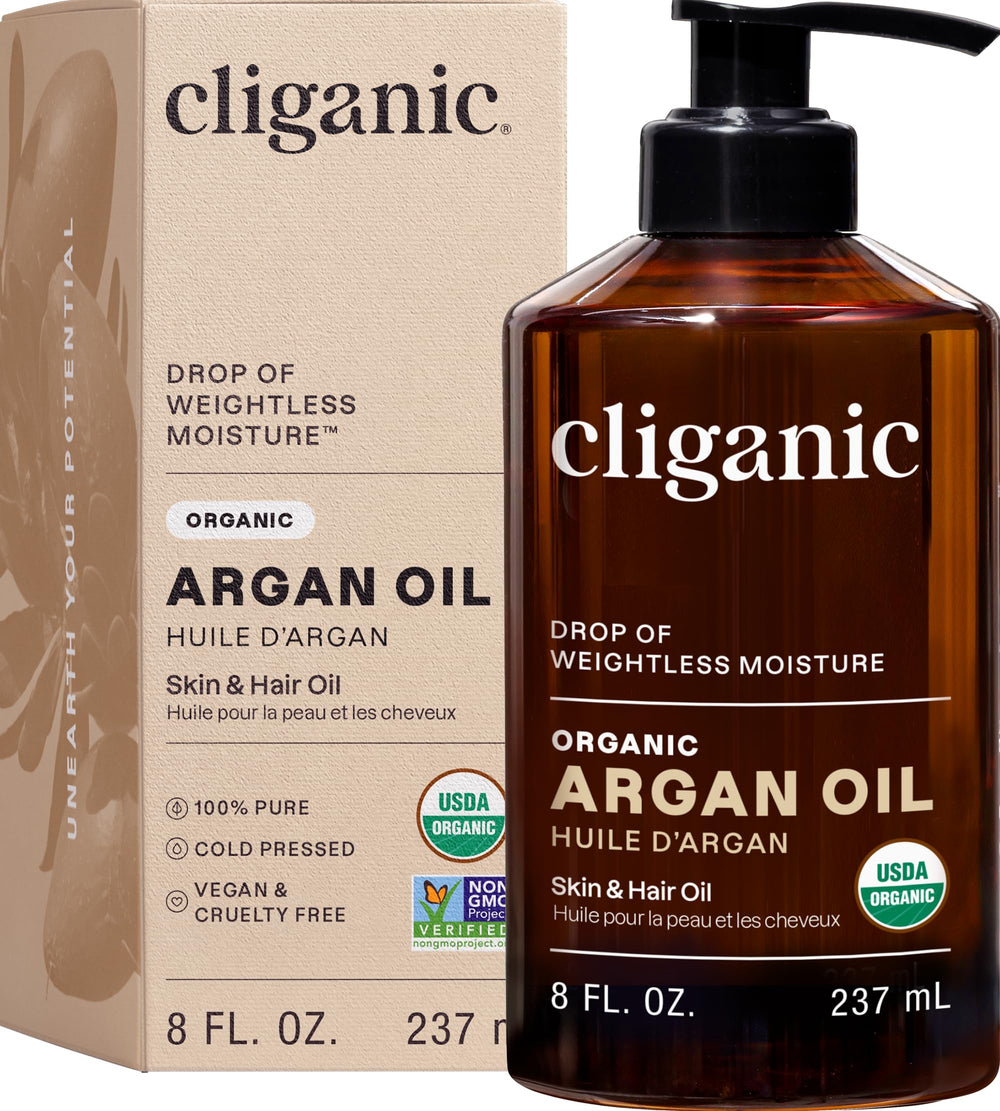Cliganic Aceite de Argán Orgánico con bomba en botella, hidratación suave para cabello