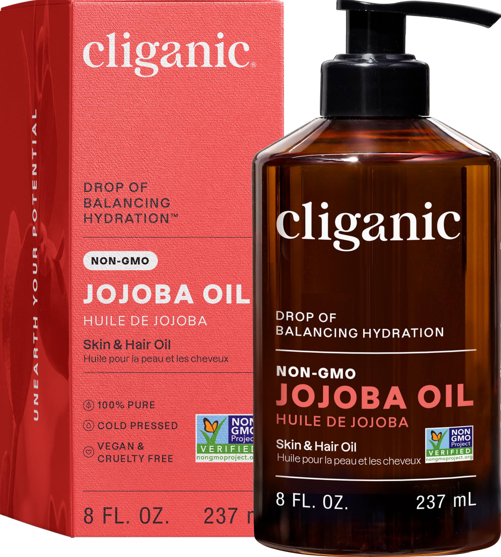 Cliganic Aceite de jojoba, botella de 8 onzas, ideal para hidratación diaria de piel.