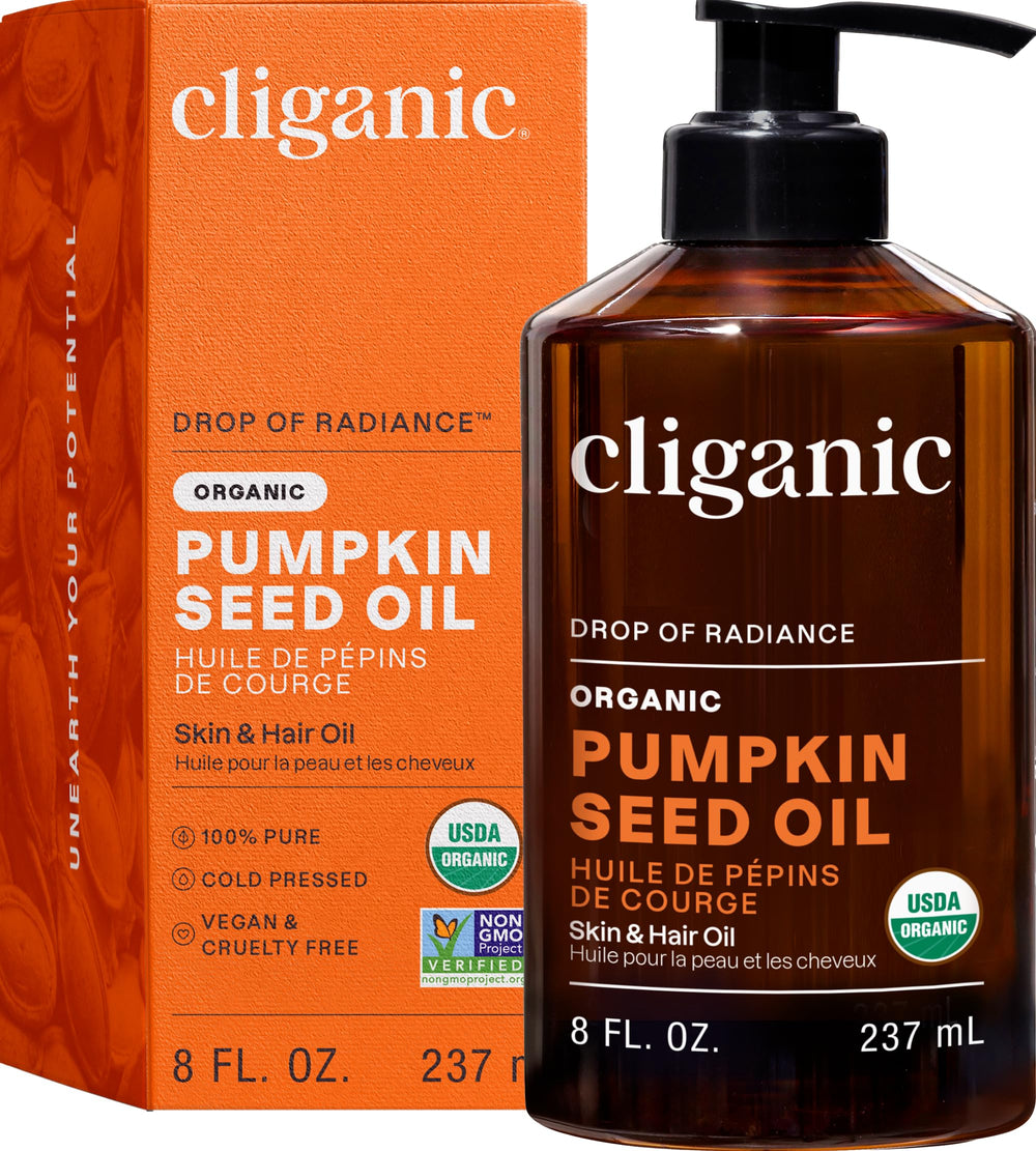 Cliganic aceite orgánico de semilla de calabaza: botella para cuidado facial suave.