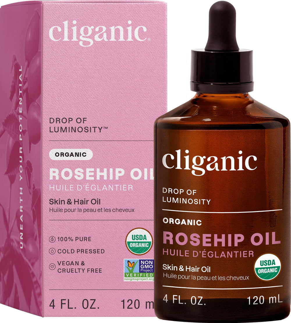 Cliganic Aceite Rosa Mosqueta, botella, hidratación profunda para la piel.