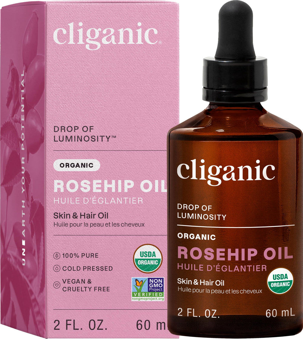Cliganic Aceite de Rosa Mosqueta en frasco, hidratación facial suave y natural