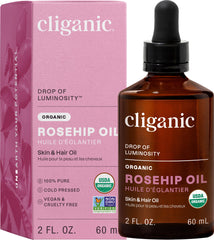 Cliganic Aceite de Rosa Mosqueta en frasco, hidratación facial suave y natural