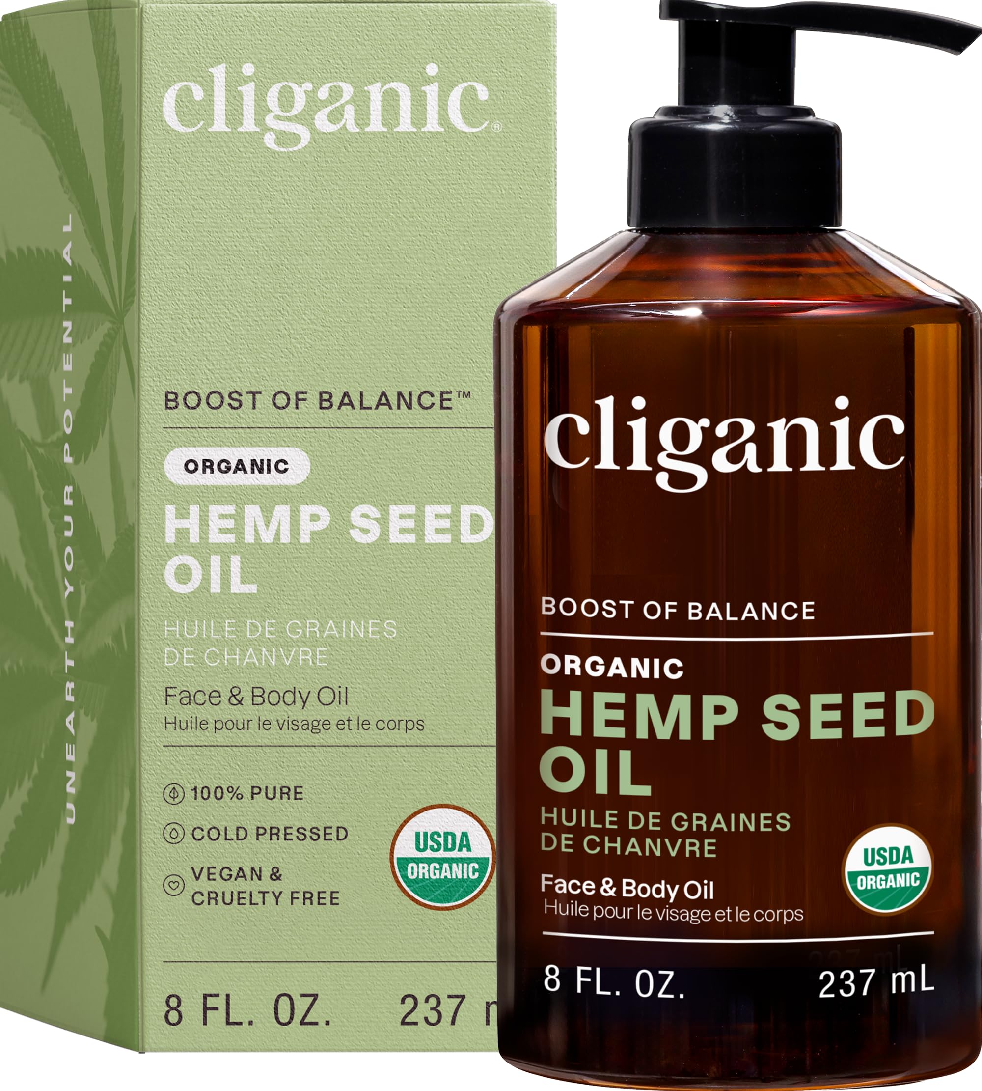 Cliganic Aceite de cáñamo, botella vertida, hidratación suave para piel y rostro.