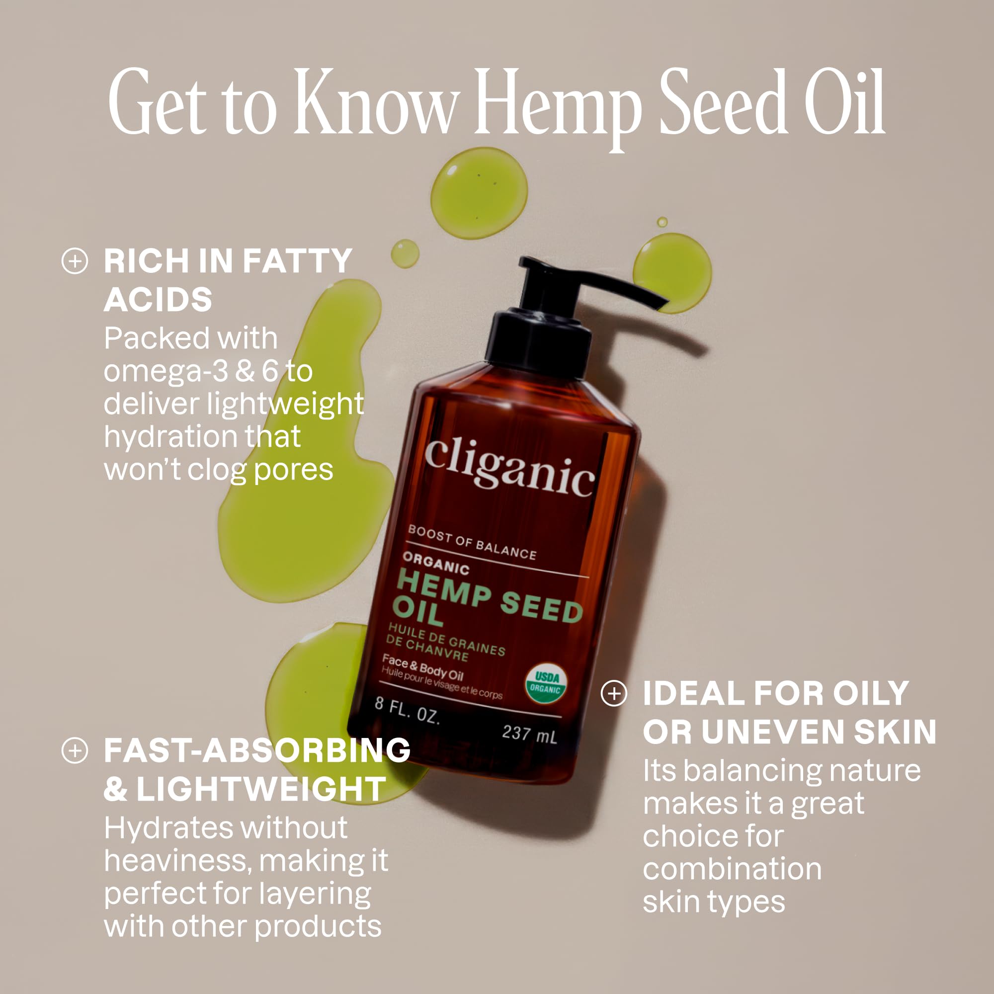 Cliganic Aceite de cáñamo, etiqueta visible, cuidado natural de la piel y cabello.