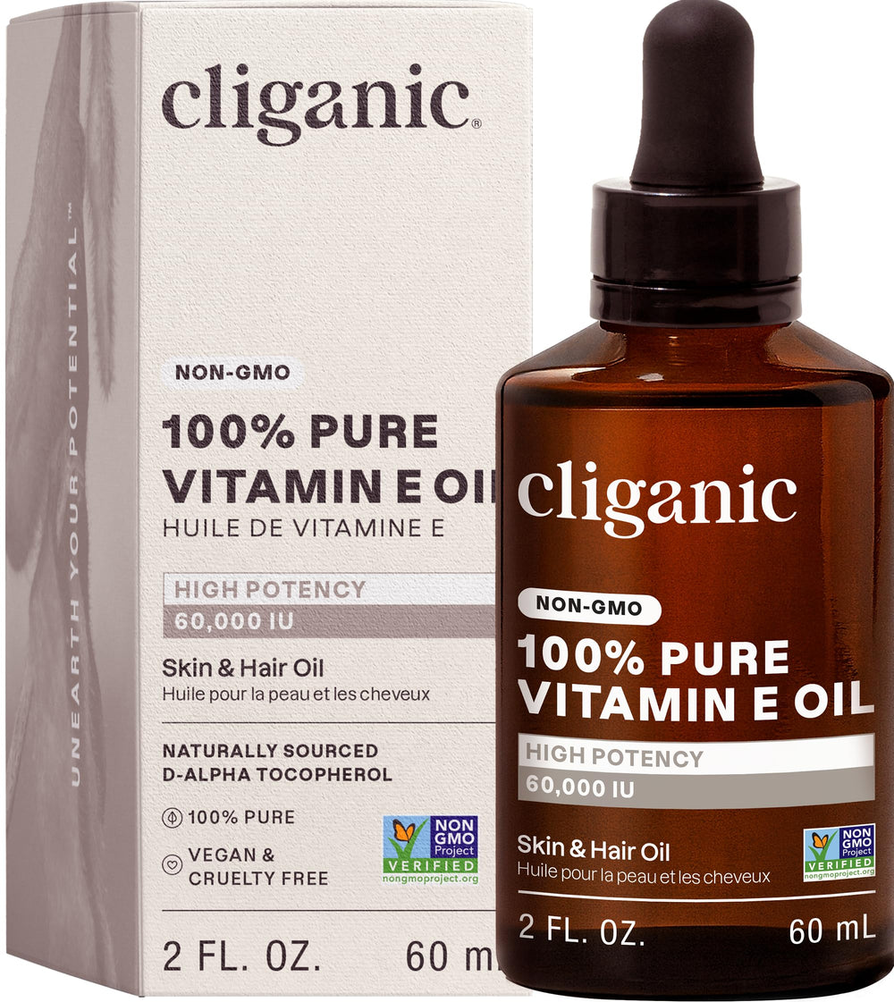 Cliganic aceite vitamina E 60,000 UI en botella, ideal para uso diario en piel.