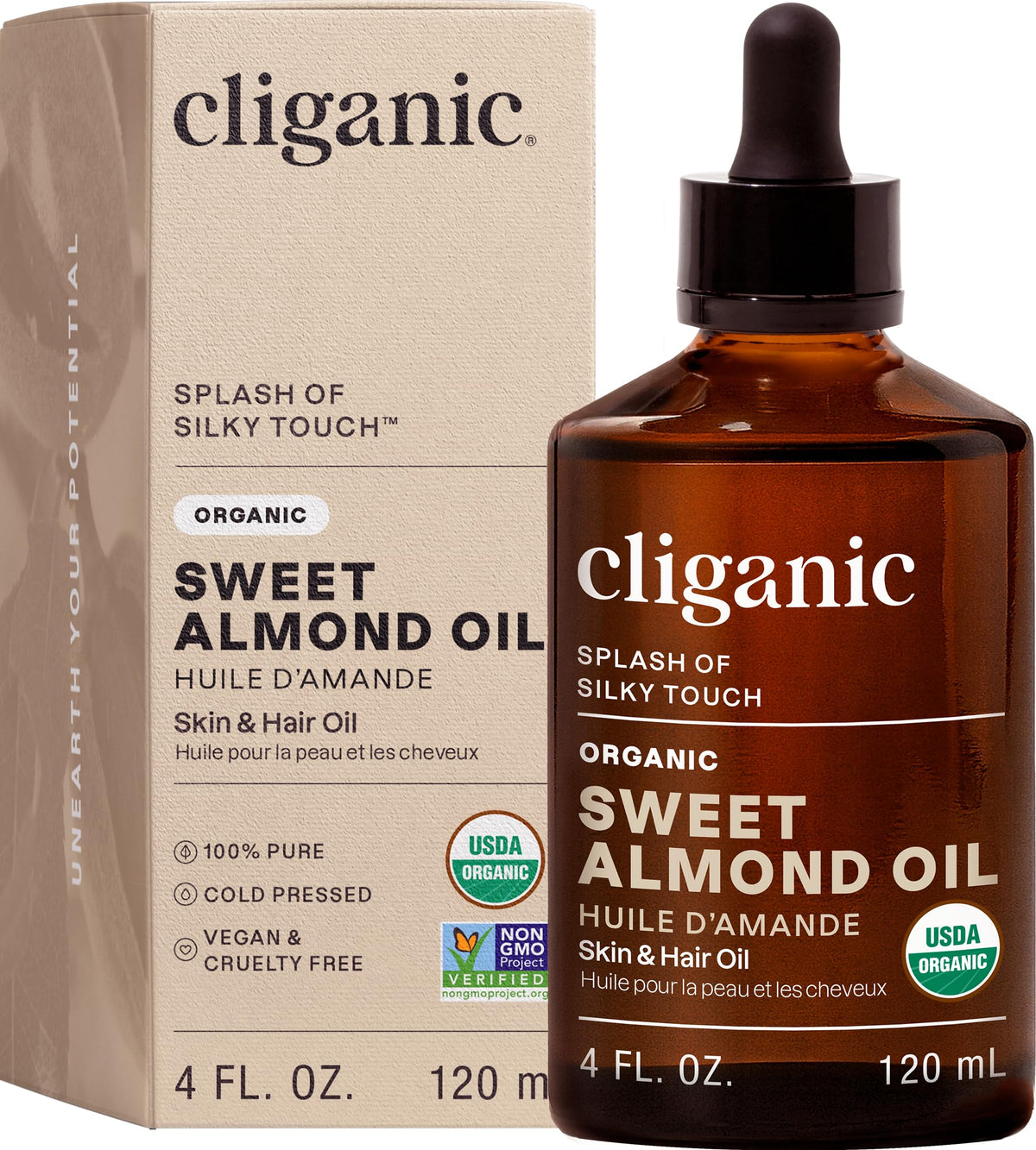 Cliganic Organic Sweet Almond Oil bottle pouring for skin hydration