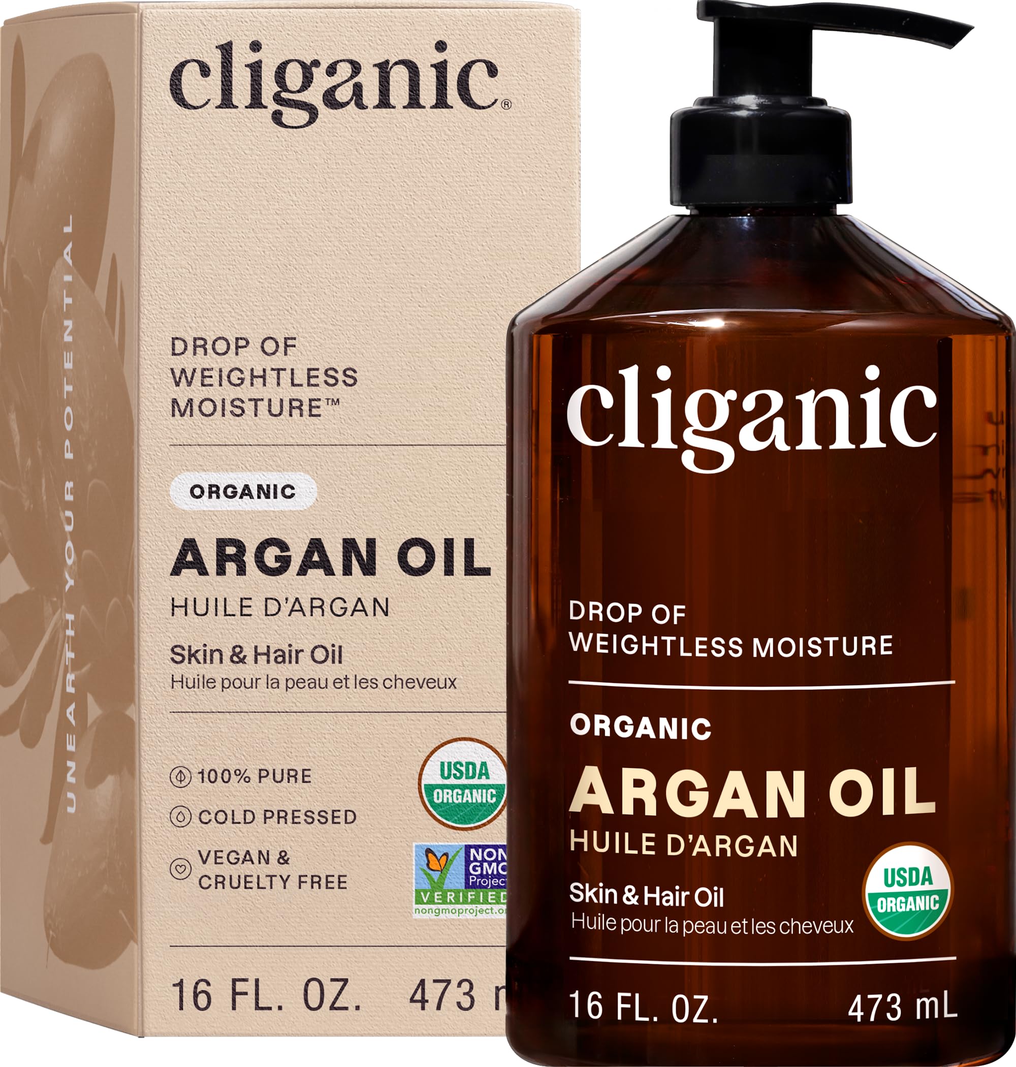 Cliganic Argan Oil bottle with pump for easy application on hair and skin.