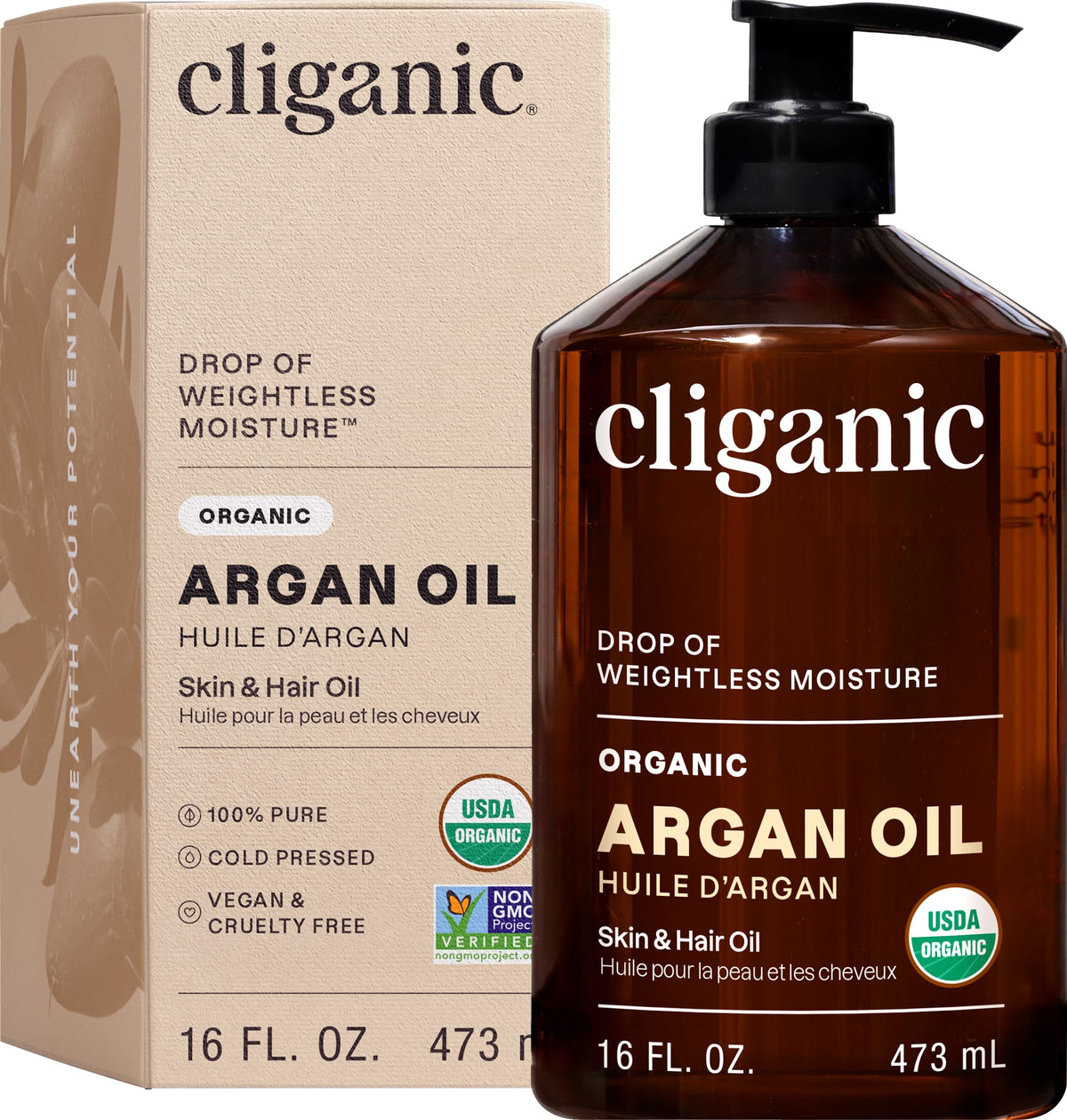 Cliganic Argan Oil bottle with pump for easy application on hair and skin.