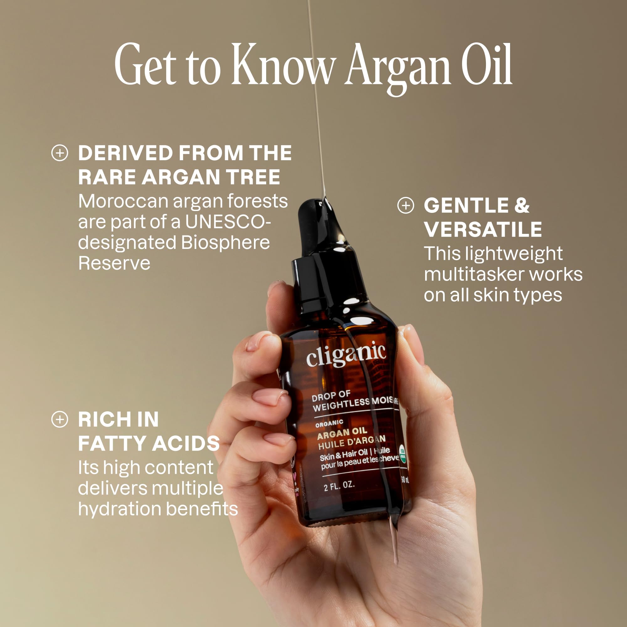 Cliganic Argan Oil close-up amber bottle shows organic quality.