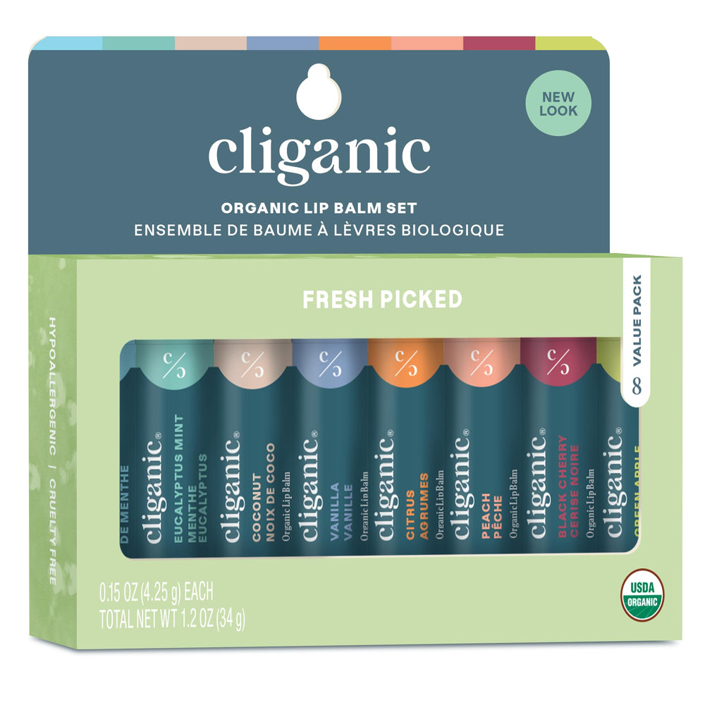 Cliganic Balsamo Labial Orgánico: frente del conjunto de 8 sabores para hidratar