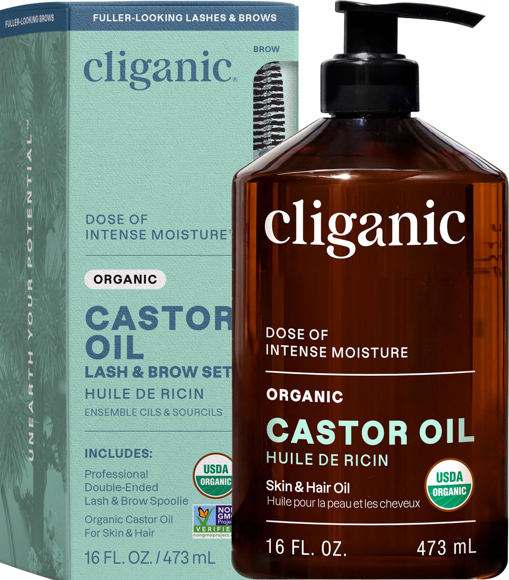 Cliganic castor oil bottle in 16oz size ready for lash, brow and skin care.