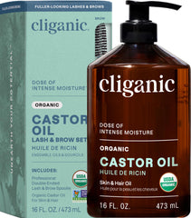Cliganic castor oil bottle in 16oz size ready for lash, brow and skin care.
