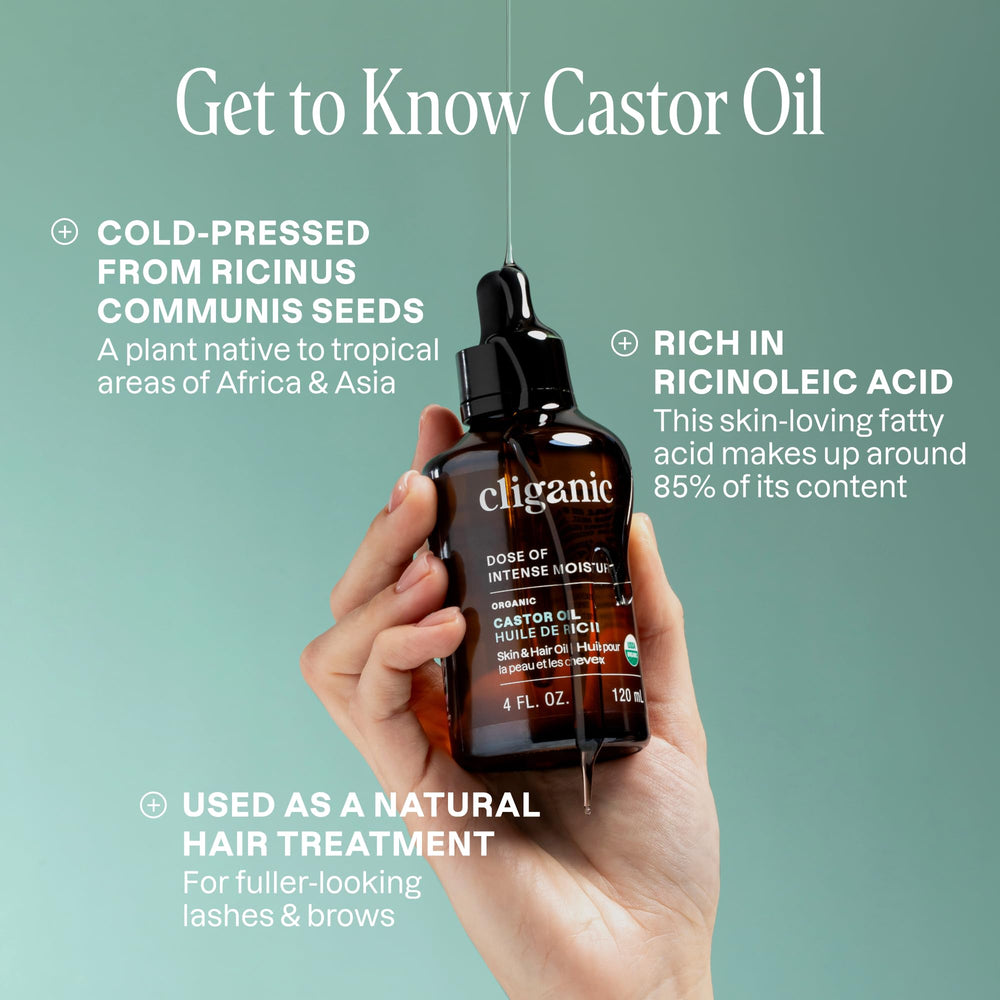 Cliganic castor oil single-ingredient bottle showcases pure formula for versatile uses.